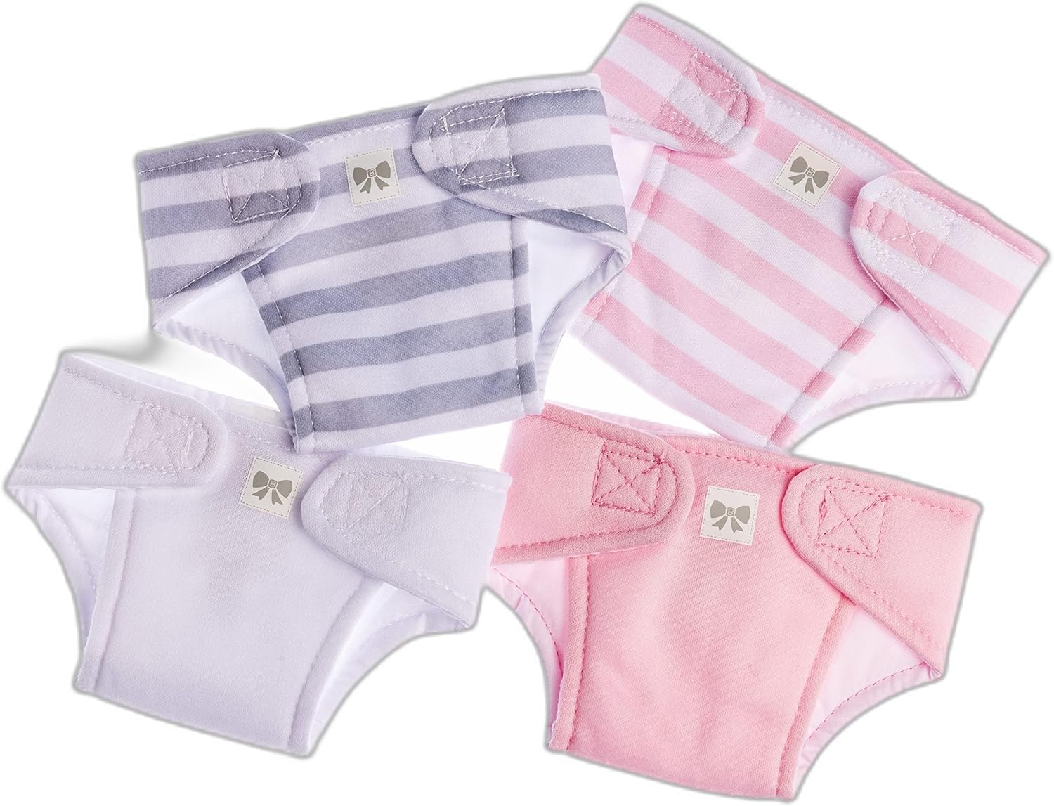 JC Toys Baby Doll 4 Pack Fabric Diapers | Washable, Reusable, Adjustable Eco Diapers | Fits Dolls 14 to 18 inch in Pink/White/Grey