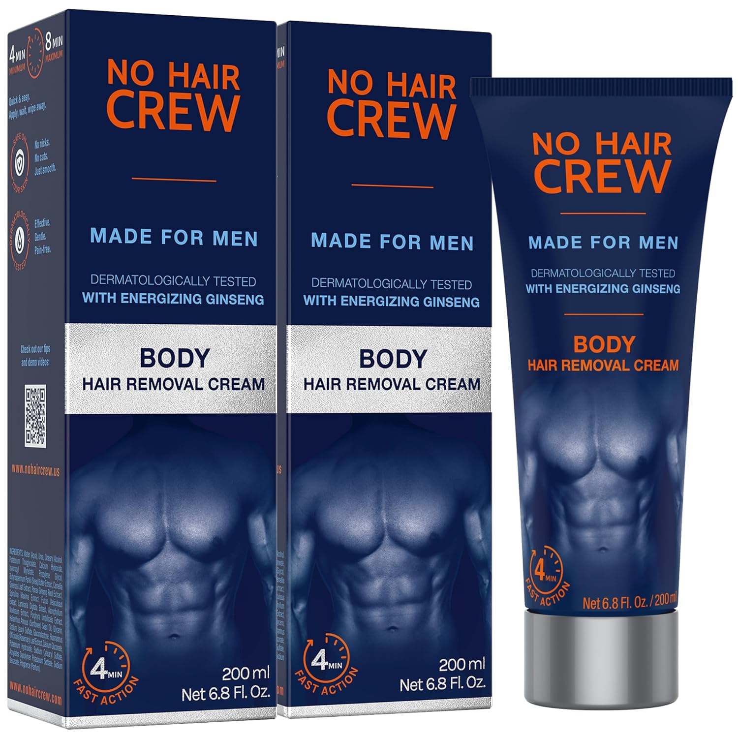 No Hair Crew Body At Home Hair Removal Cream for Manscaping Unwanted Hair with Energizing Ginseng, Premium Depilatory, Painless & Flawless, Made for Men, 200ml (2 Pack)