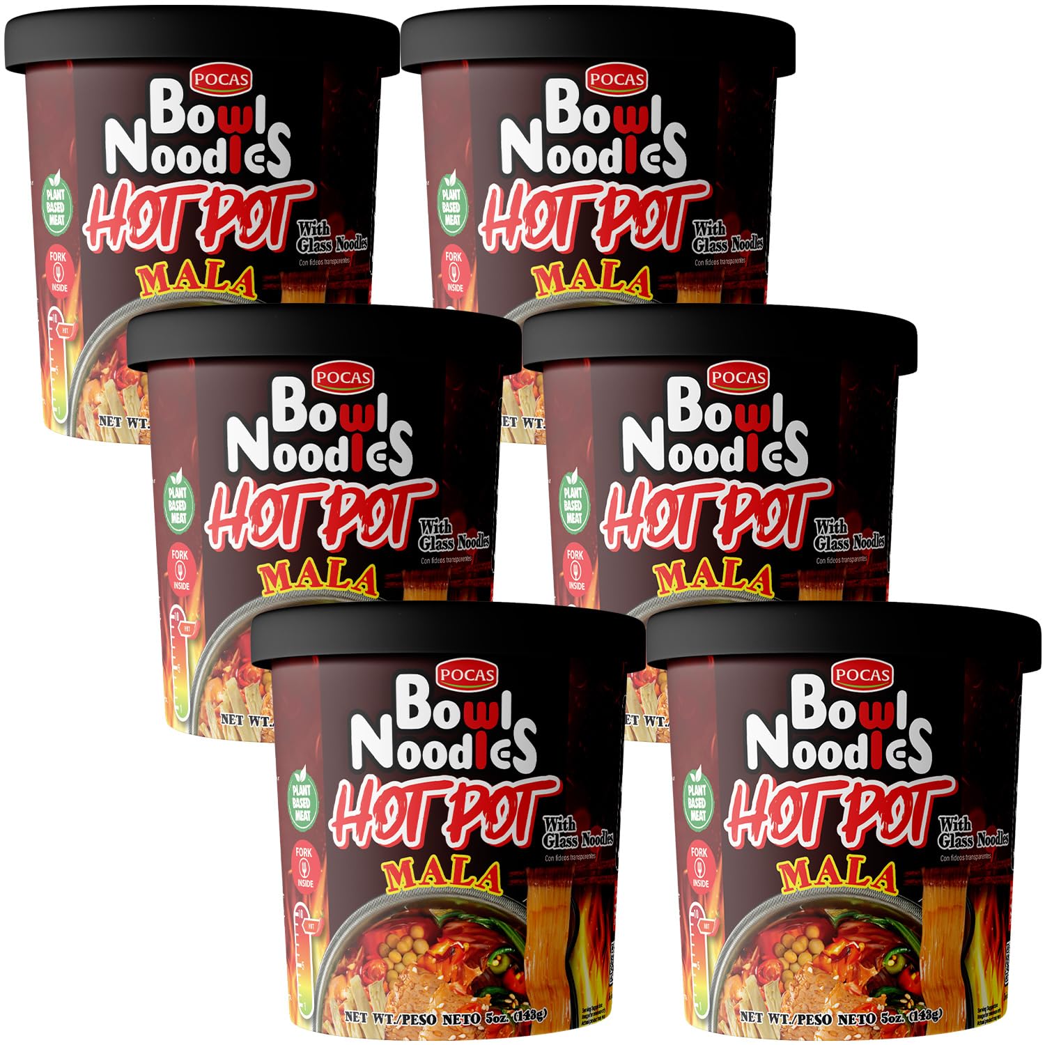 Pocas Instant Noodles, Vegan Hot Pot, Mala Flavor 6-Pack, Intense Sichuan Spice Level, Plant-Based Meat, Ready in 5 Minutes, 4.72 Oz Ea