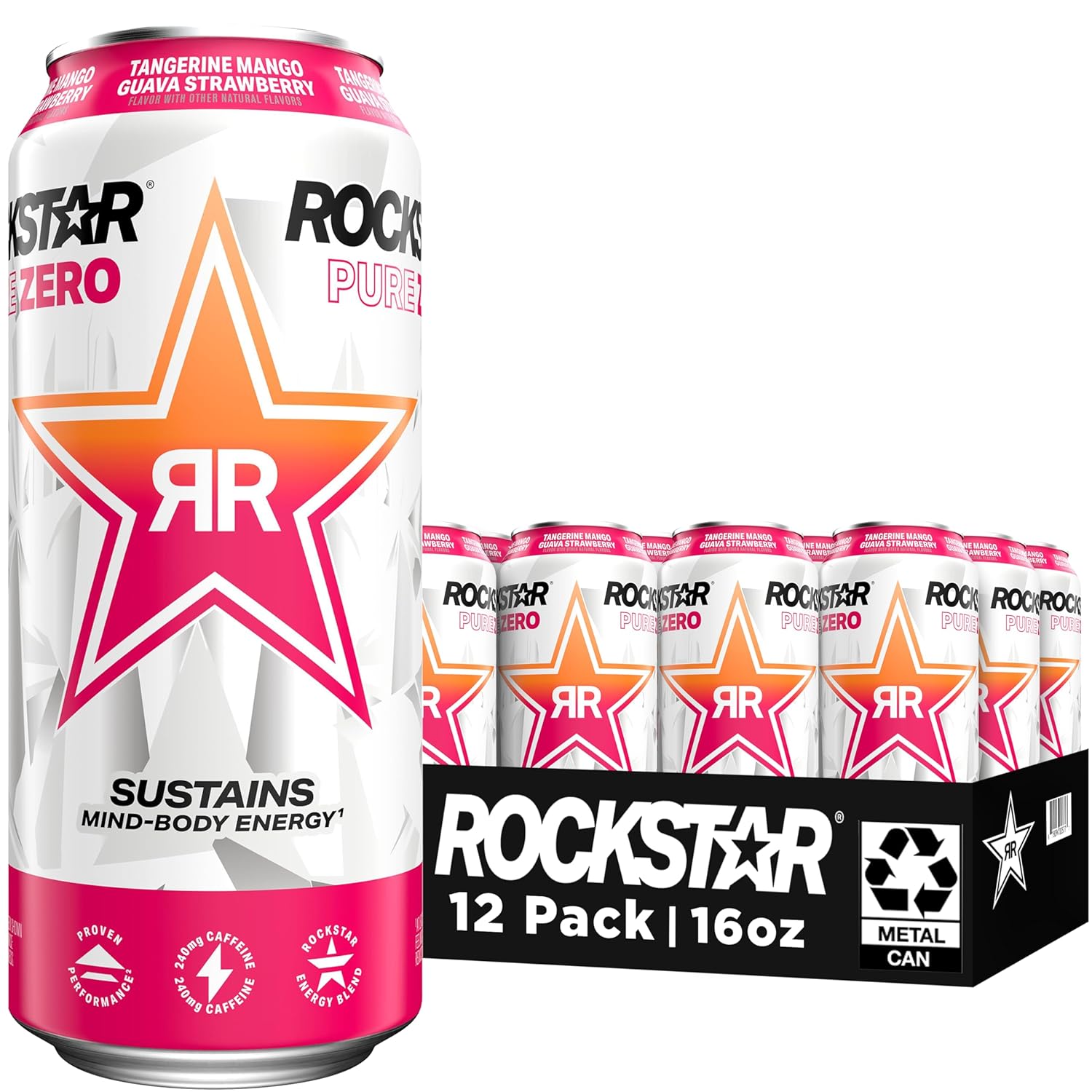 Rockstar Pure Zero Energy Drink, Tangerine Mango Guava Strawberryh, 0 Sugar, with Caffeine and Taurine, 16 Fl Oz (Pack of 12) (Packaging May Vary)