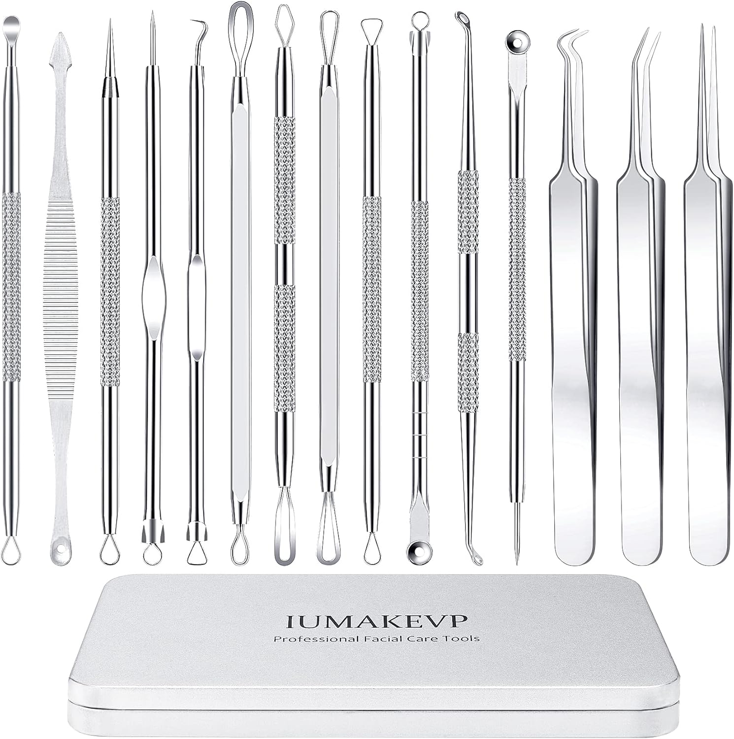 Pimple Popper Tool Kit, IUMAKEVP 15 PCS Professional Stainless Steel Blackhead Remover Comedone Extractor Tools for Removing Zit on Face - Acne Removal Kit with Metal Case (Silver)