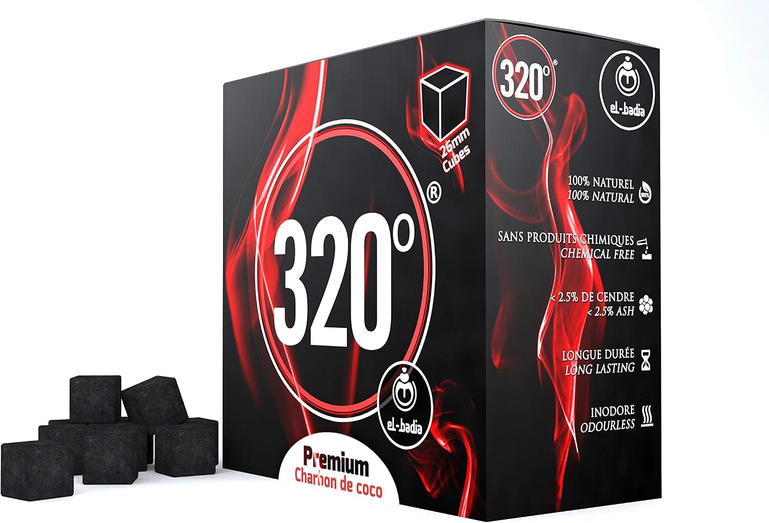 320° Premium Shisha Hookah Coconut Coal (26mm Cubes) for BBQ - 4kg - 256 Cubes - NICOTINE FREE