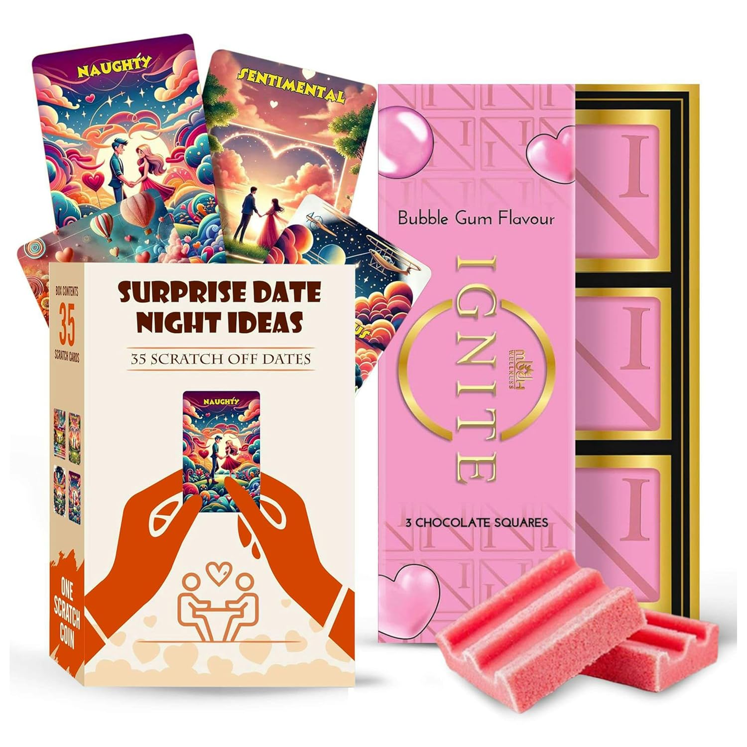 Ignite Scratch Cards & Bubble Gum Chocolate Bundle – Fun Date Night Challenges with Unique Bubble Gum Chocolate Bars – Ideal Gift for Couples, Anniversaries, and Special Occasions