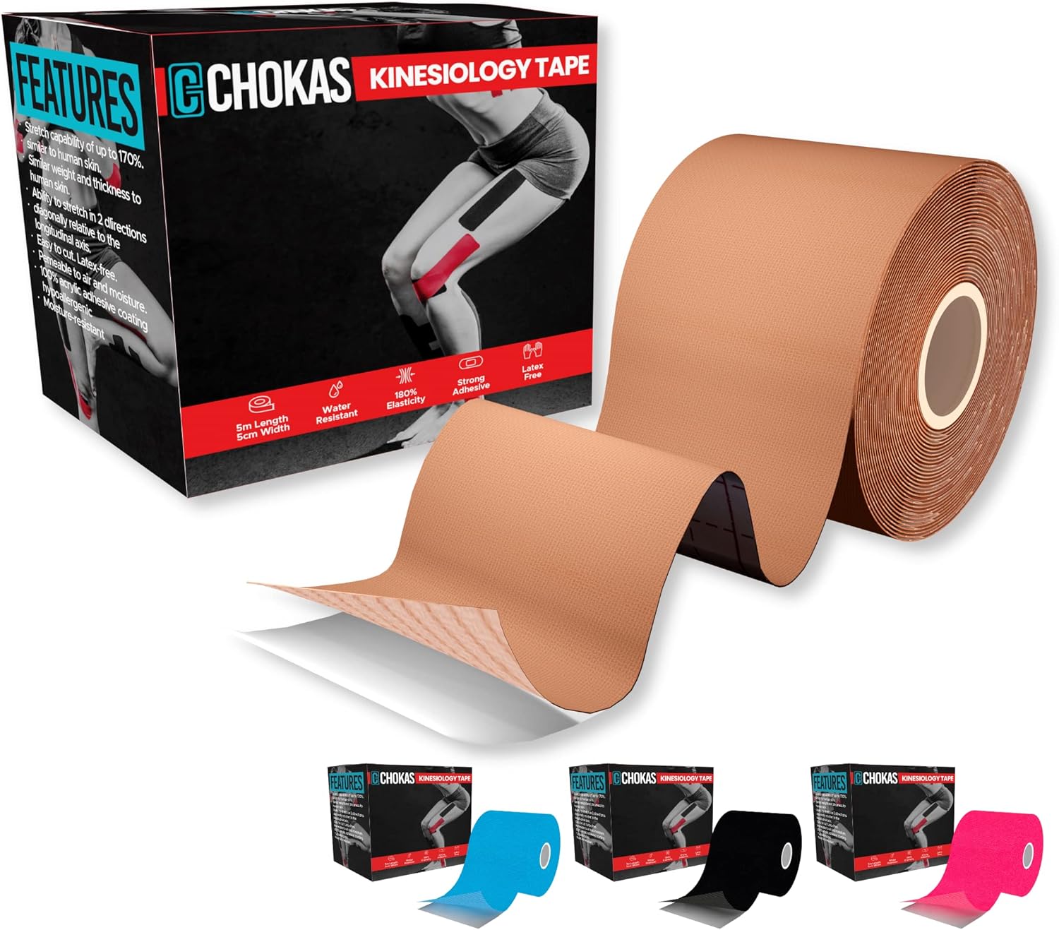 CHOKAS Kinesiology Tape 5m Roll, Elastic Therapeutic Sports Tape for Shoulder,Ankle,Elbow,Wrist,shin,Splints and Knee Support, Waterproof Physio Body Tape for Muscle Pain Relief, Boob Tape (Skin)