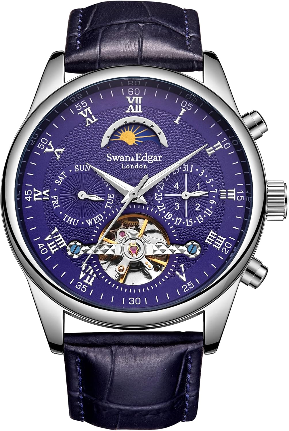 SWAN AND EDGAR Complexity - Automatic Watch for Mens | Moon Face & Open Heart Skeleton Dial | Stainless Steel Case, Sapphire Crystal, Genuine Leather Strap, 30M Water Resistant, 5-Year Warranty