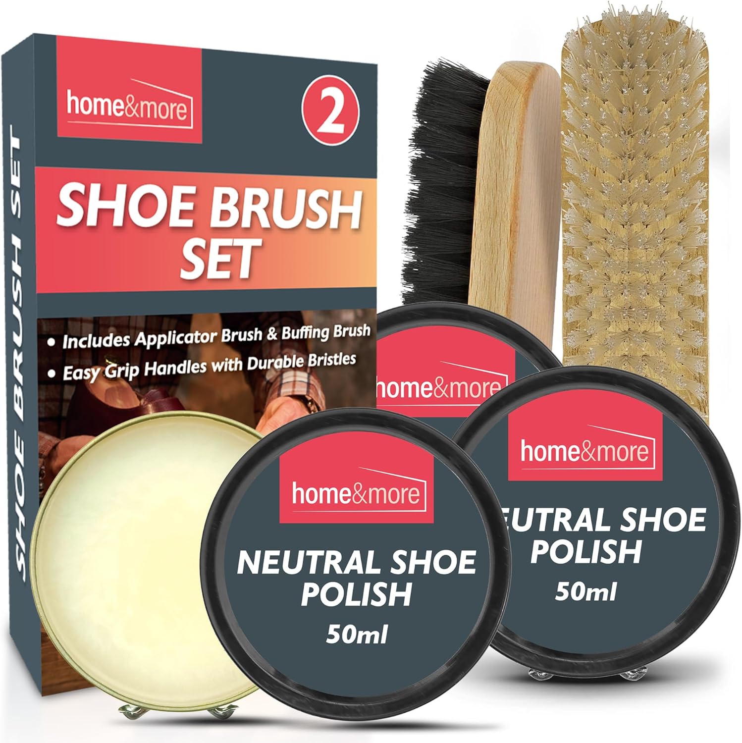 SOL 2pk Shoe Brush Set & 3 Neutral Shoe Polish – Leather Boot Polish Kit – Includes Soft & Stiff Brushes, 3 Wax Tins for Leather Shoe Care, Cleaning, Conditioning, Shine & Scuff Protection