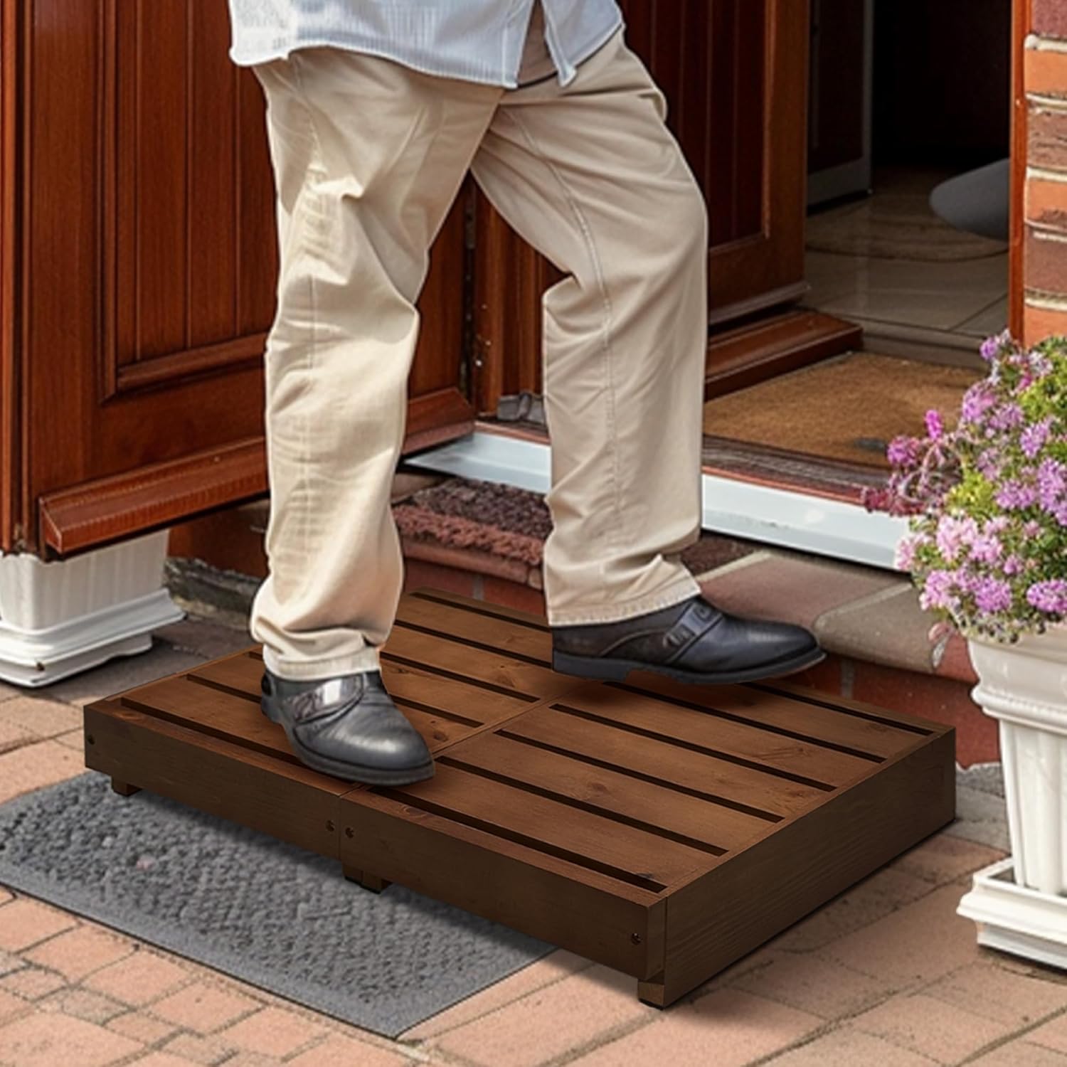 Indoor Wooden Step Stool 3.5'' Height, Outdoor Steps with Non Slip Pads, Step for Outside, Safety Stepping Stool for Bathroom, Kitchen, Bed (Walnut Color)