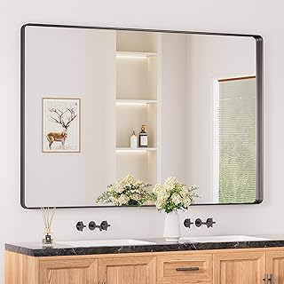 Keonjinn Black Bathroom Mirrors for Over Sink, 60 x 40 Inch Large Rounded Rectangle Bathroom Vanity Mirror, Matte Black Farmhouse Wall Mirror, HD Tempered Glass, Seamless Aluminum Alloy Frame Mirror