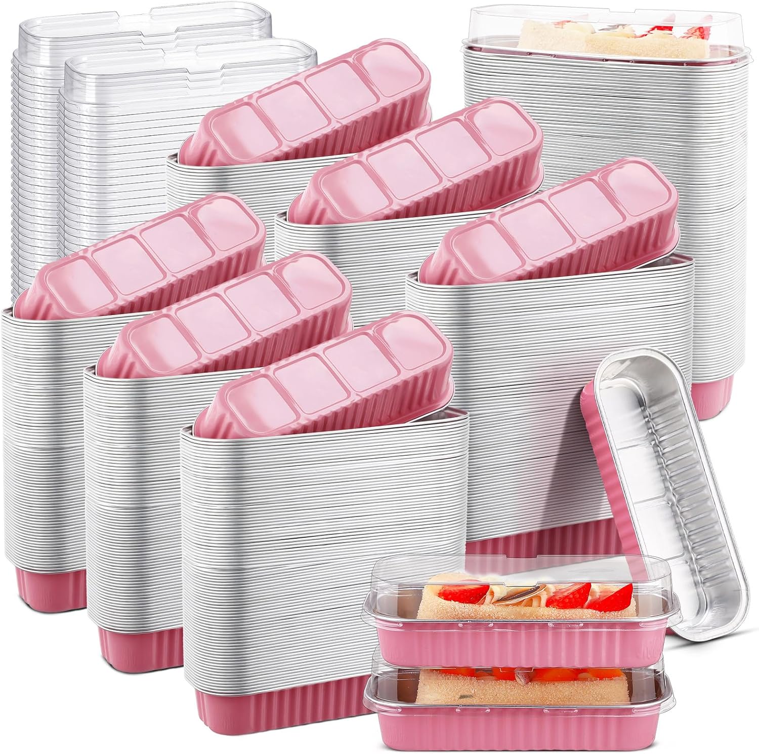 Qunclay 300 Pcs Aluminum Foil Mini Loaf Pans with Lids 6.8 oz Disposable Mini Cake Pan with Lid Rectangle Baking Cups for Summer Holiday Party Cupcake Bread Muffin Cheesecake Ramekins (Pink)