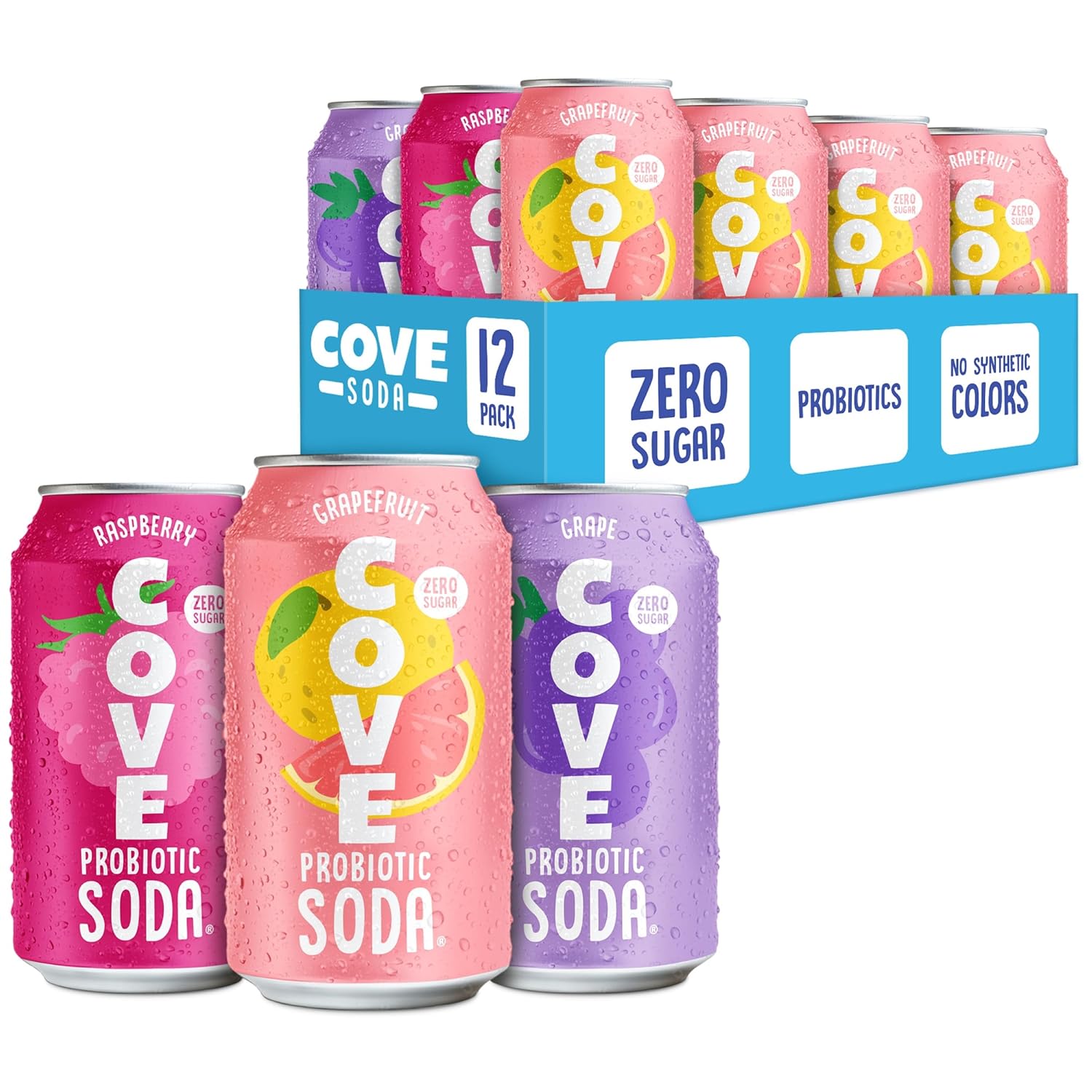 Cove Probiotic Soda Soft Drinks with Zero Sugar – Refreshing Functional Soda Alternative with Probiotics & Vitamin C – Naturally Flavored, Caffeine-Free Sparkling Beverage - Fruity Variety 12 Pack