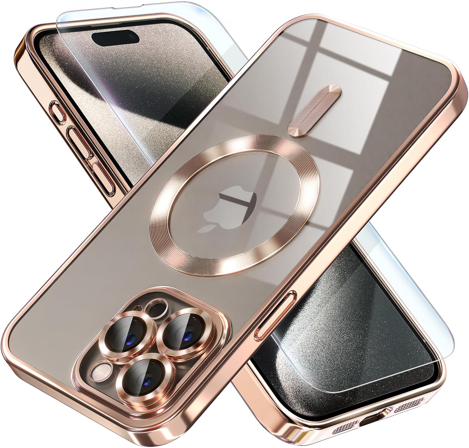 Misea Magnetic for iPhone 15 Pro Max Case with MagSafe [Never Yellowing] [Military Grade Drop Protection] Full Camera Lens Protector Plating Soft Clear Phone Case for Women Girls, Gold