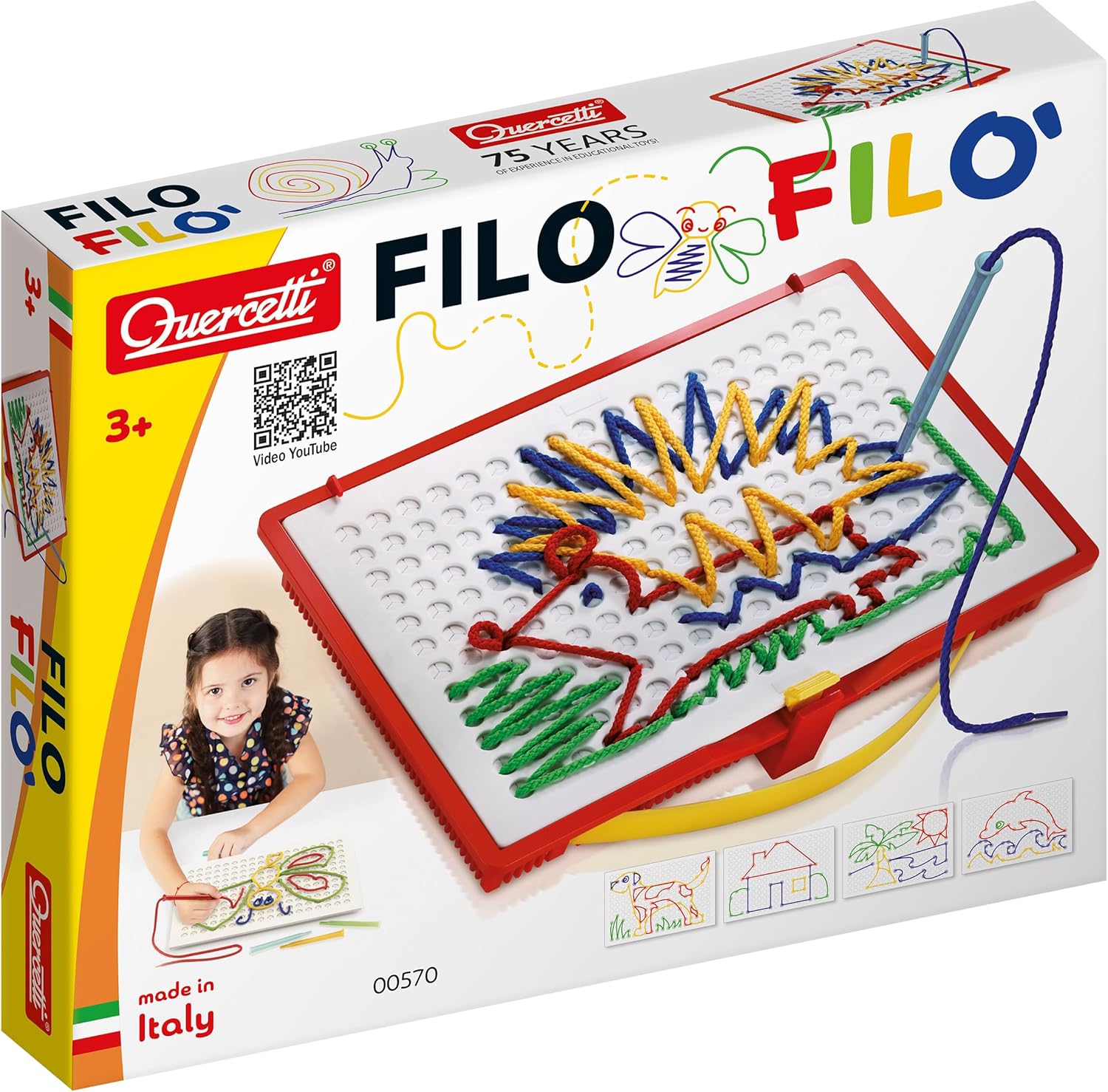 Quercetti Filo Design with Laces, String Art and Lace Threading Set for Boys and Girls Ages 3-8 Years, Sewing and Craft Educational Toy