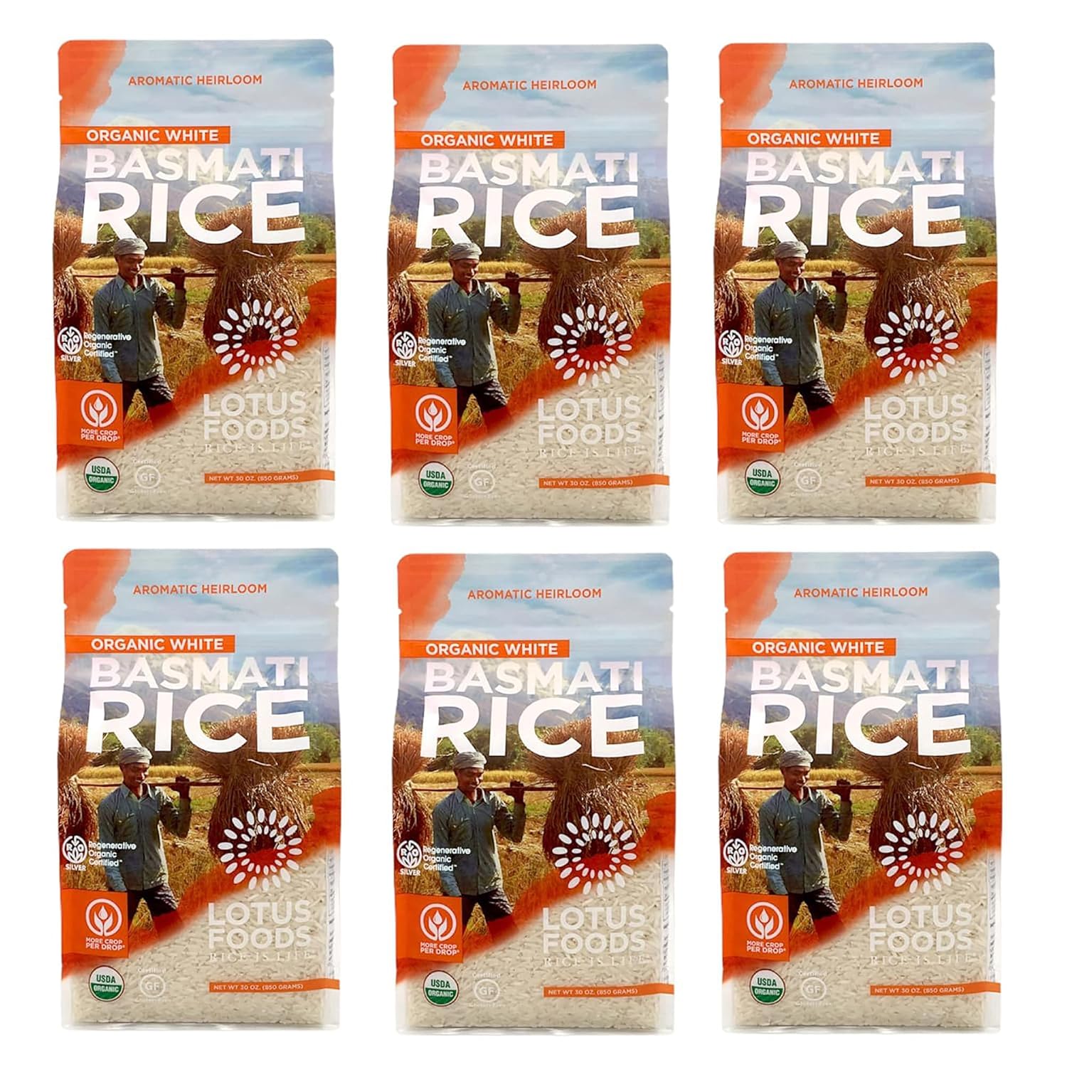 Lotus Foods Regenerative Organic White Basmati Rice - 30 Oz Bag (Pack of 6) | Gluten Free Long Grain White Rice, Vegan, Non GMO, Use for Curries, Stir Fries, Salad, and More