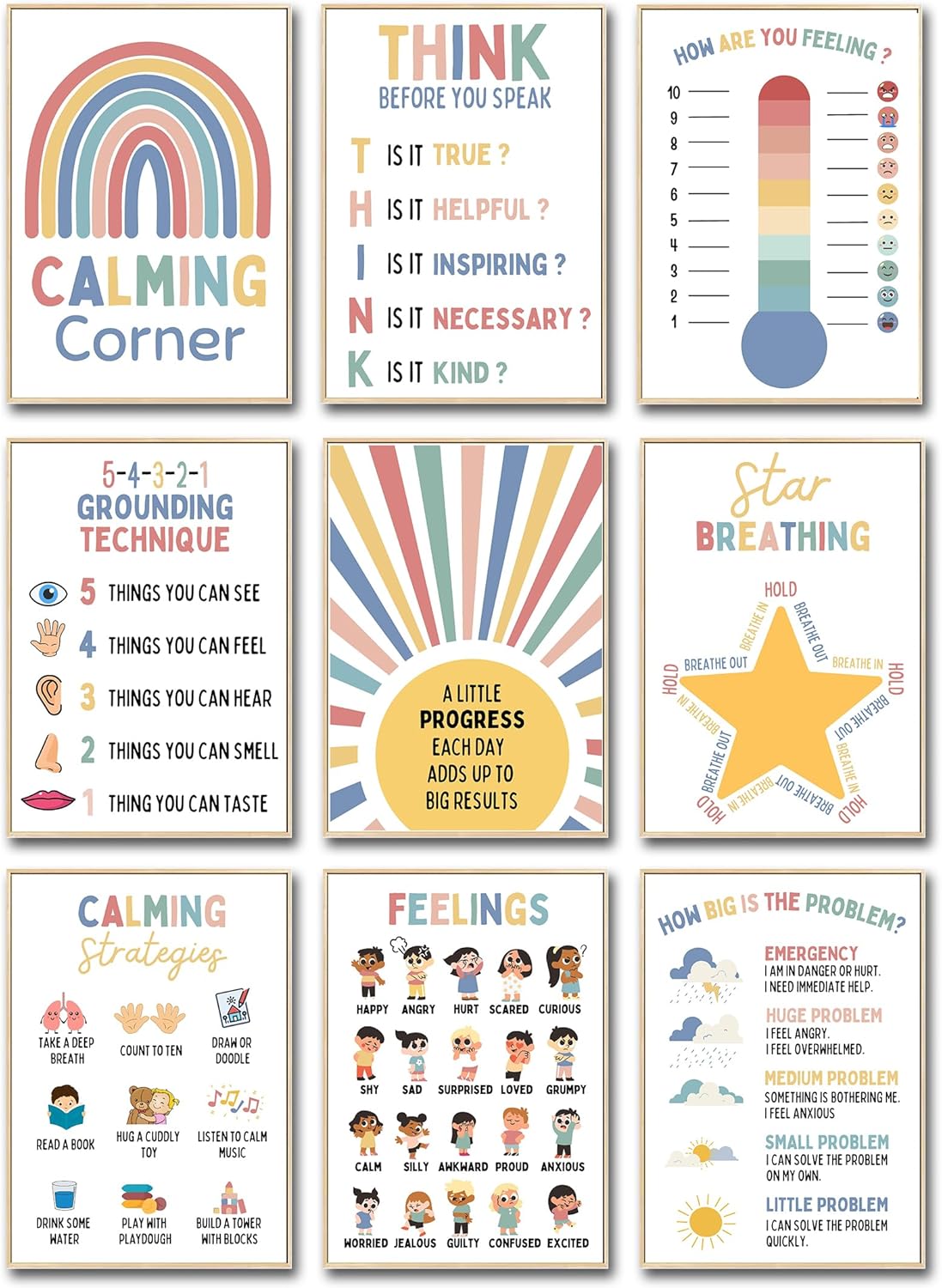 WINDVALE Calming Corner Posters for Kids – Feelings & Emotions Charts for Classroom and Teachers, Calm Down Corner Resources for Preschool, SEN or Therapy Decor – Set of 9