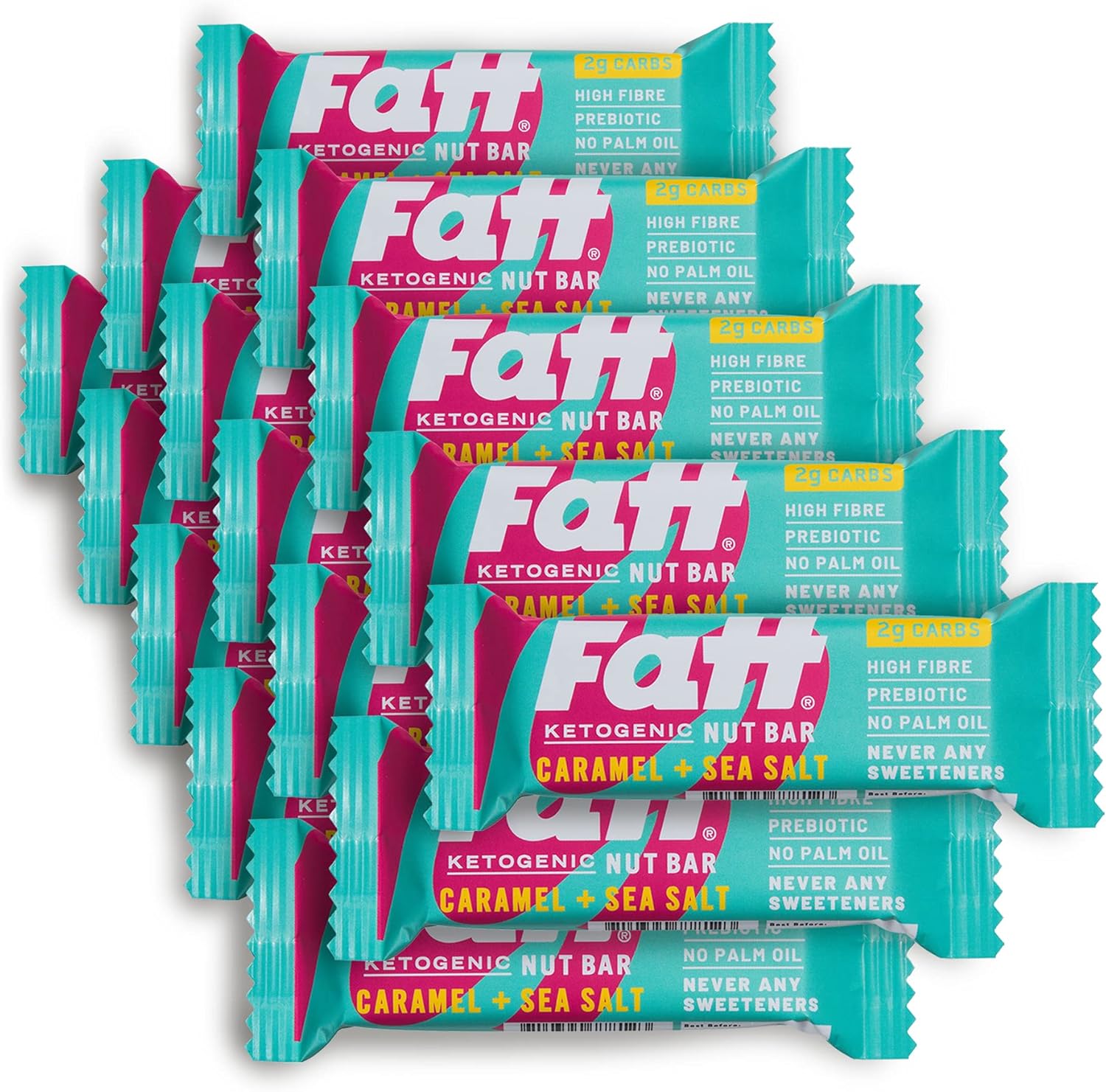 Fatt Keto Nut Bars - Caramel & Sea Salt, 15-Pack - 2g Carbs - 100% Natural Low-Carb, Clean Keto Bar Snacks with Super Fats - High Fibre, Low Sugar, Sweetener Free & Vegan - Aka Fattbar