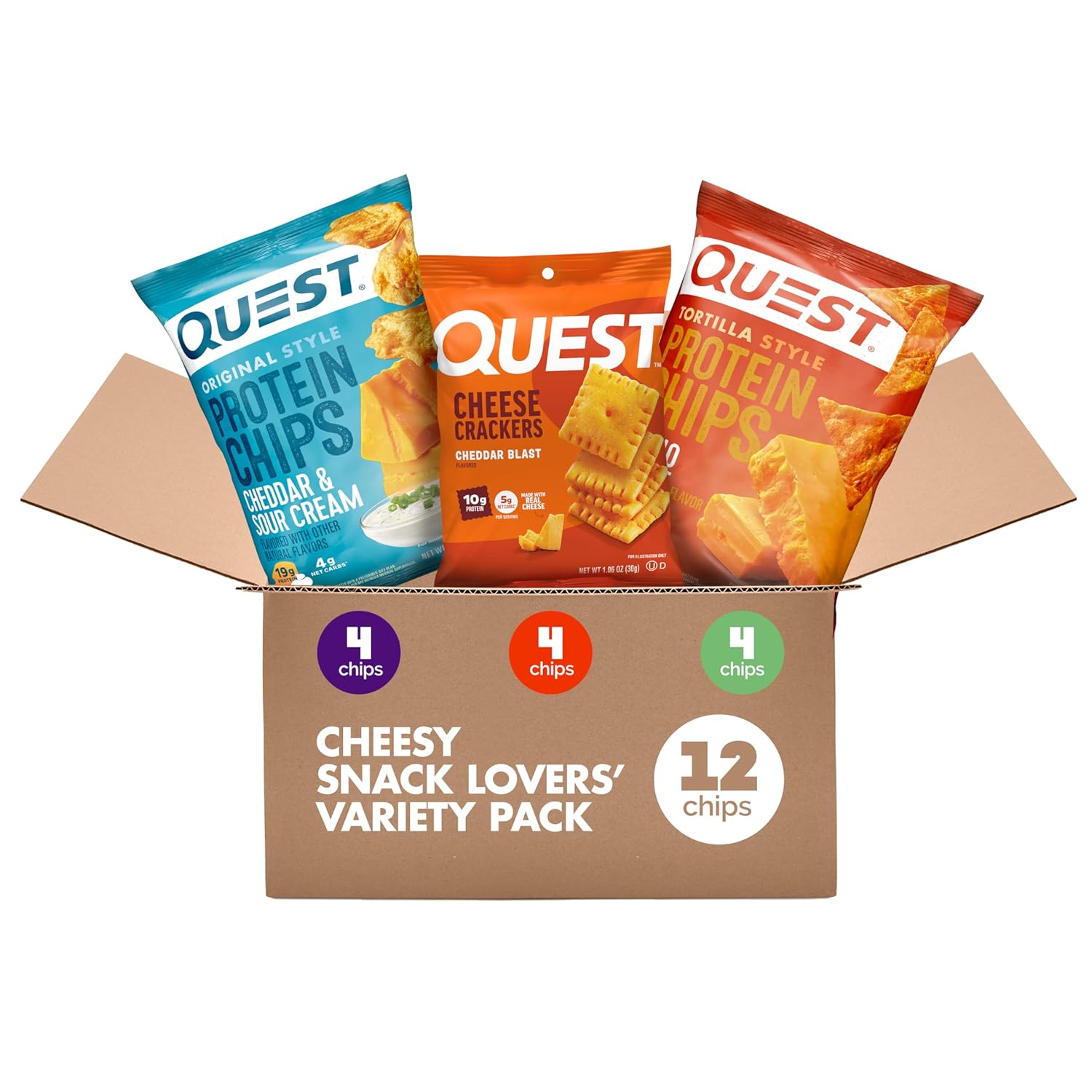 Quest Nutrition Cheese Lovers Variety Pack, Nacho Tortilla Style Protein Chips x4, Cheddar & Sour Cream Chips x4, Cheddar Blast Crackers x4, 12 Count