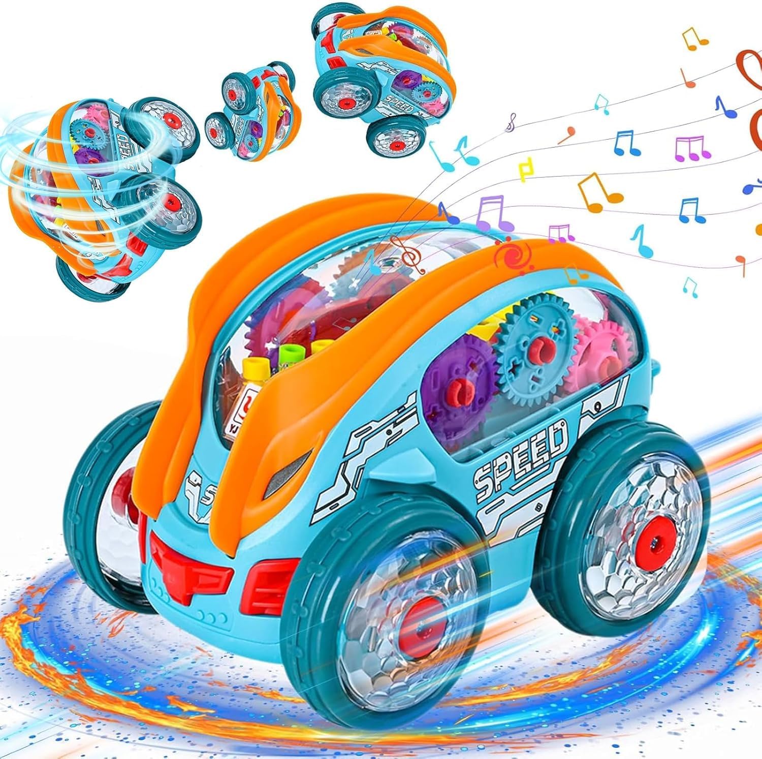 Aonuily Speedlite Dynamic Gear Powered Car with LED Lights, 360° Rotating Gear Toy Cars with Music Bump and Light Up Transparent Electric Car Toy For Toddlers Kids