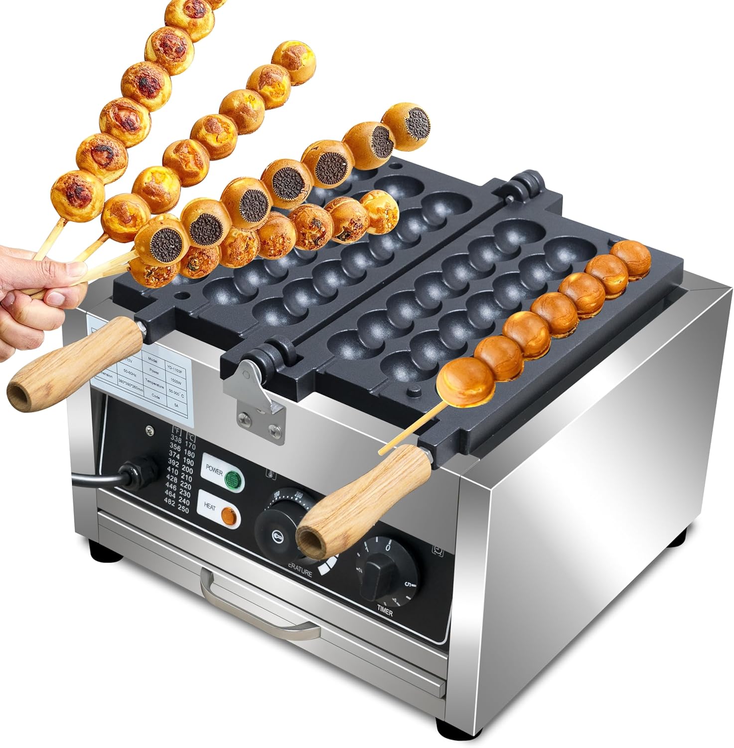 Commercial Waffle Skewer Maker1500W 3-Grid Nonstick Waffle Balls Maker Iron Ball Waffle Stainless Steel Belgium Waffle Ball Stick Maker for Restaurant, Snack Bar, Street Stall