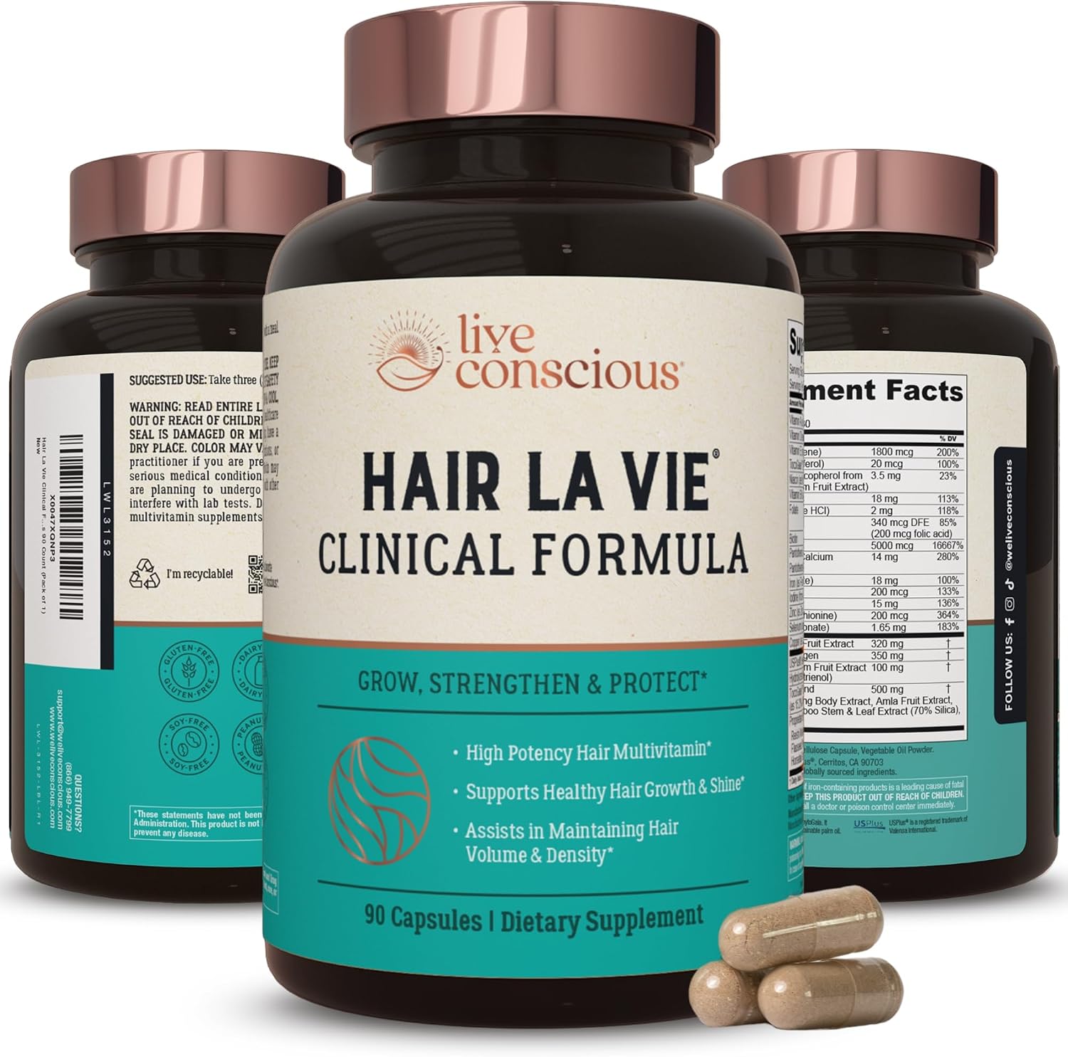 Hair La Vie Live Conscious Clinical Formula Hair Growth Vitamins for Women and Men w/Biotin 5000mcg, Collagen & Saw Palmetto (Pack of 1)
