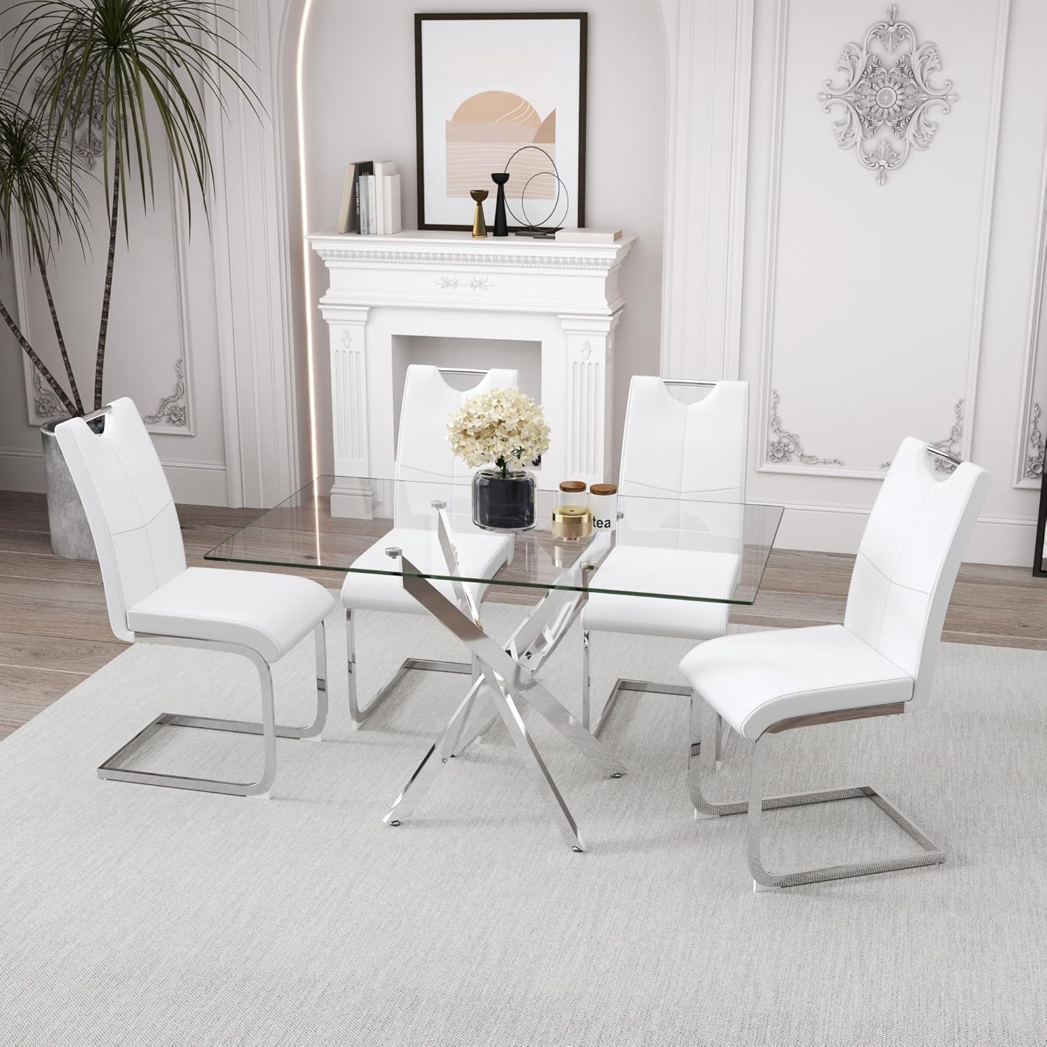 IMHKAM Glass Dining Table and Chairs Set for 4 Modern Rectangular Kitchen Table with Silver Metal Frame and 4pcs Faux Leather Padded Seats for Dining Room, Apartments