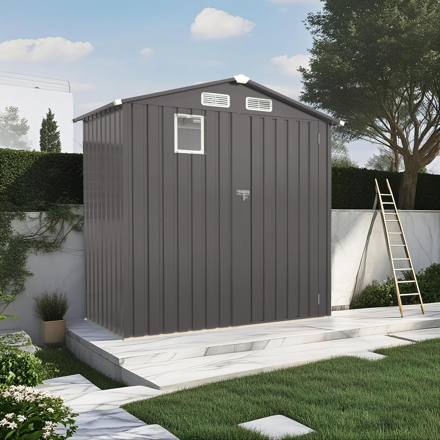 6X3.5FT Metal Storage Shed - Tool Shed with Sloping Roof with Clear Window and Lockable Door -Compact Outdoor Sheds for Garden, Backyard, Patio, Yard(Grey)