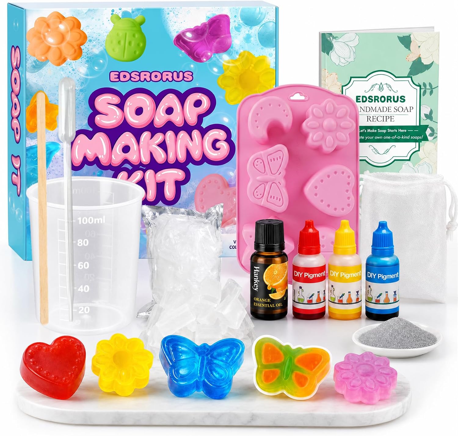 EDSRDRUS Beginner Soap Making Kit for Kids - Science STEM Activity with Glycerin Soap Base, 6-Hole Silicone Molds, Colorants, Essential Oil - Fun, Easy, Creative DIY Craft Kits