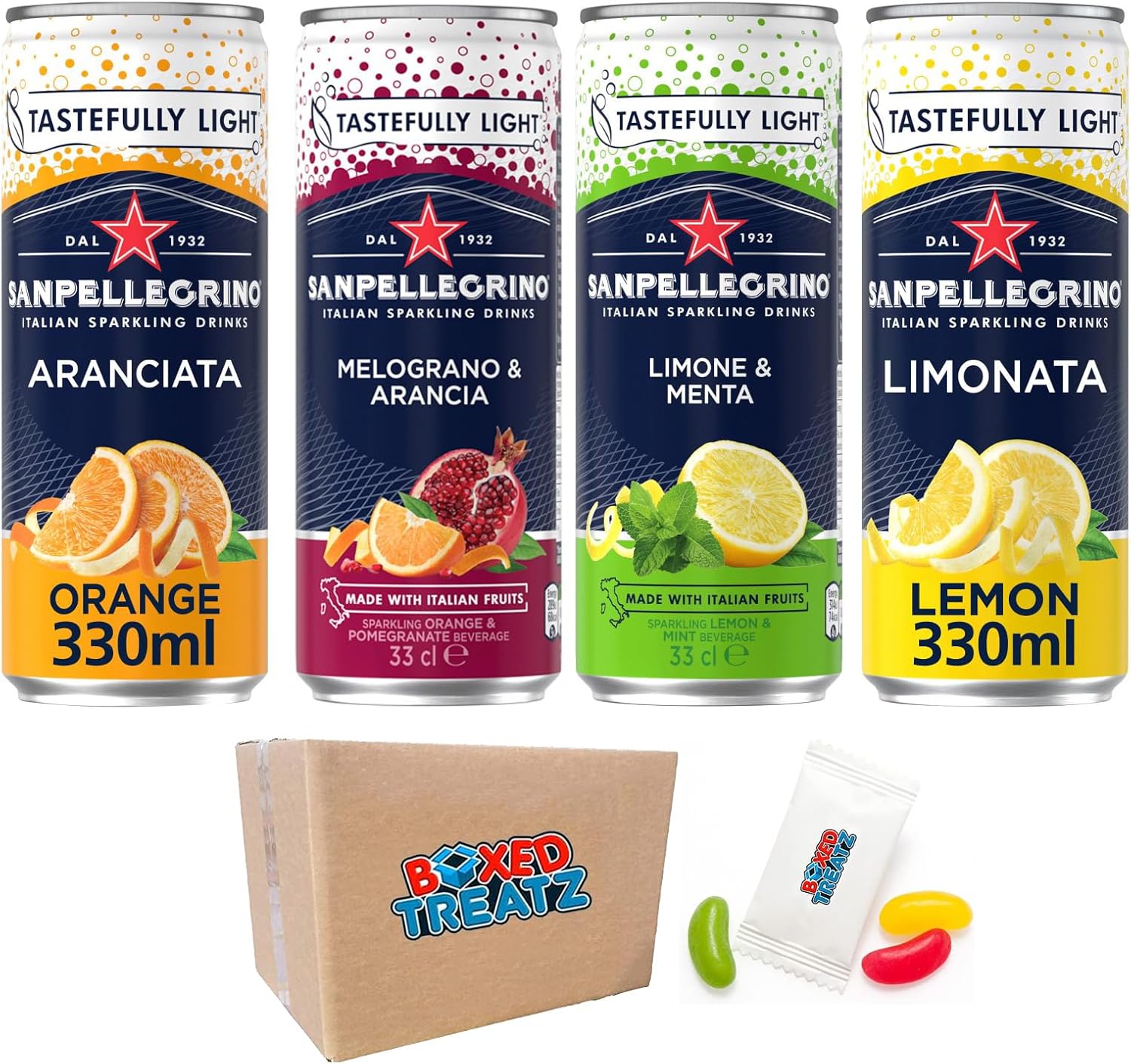San Pellegrino Fizzy Soft Drink Mixed Case of 24-330ml Cans - Lemon, Orange, Orange & Pomegranate, Lemon & Mint - Multi-Pack Of Refreshing Flavours Boxed Treatz