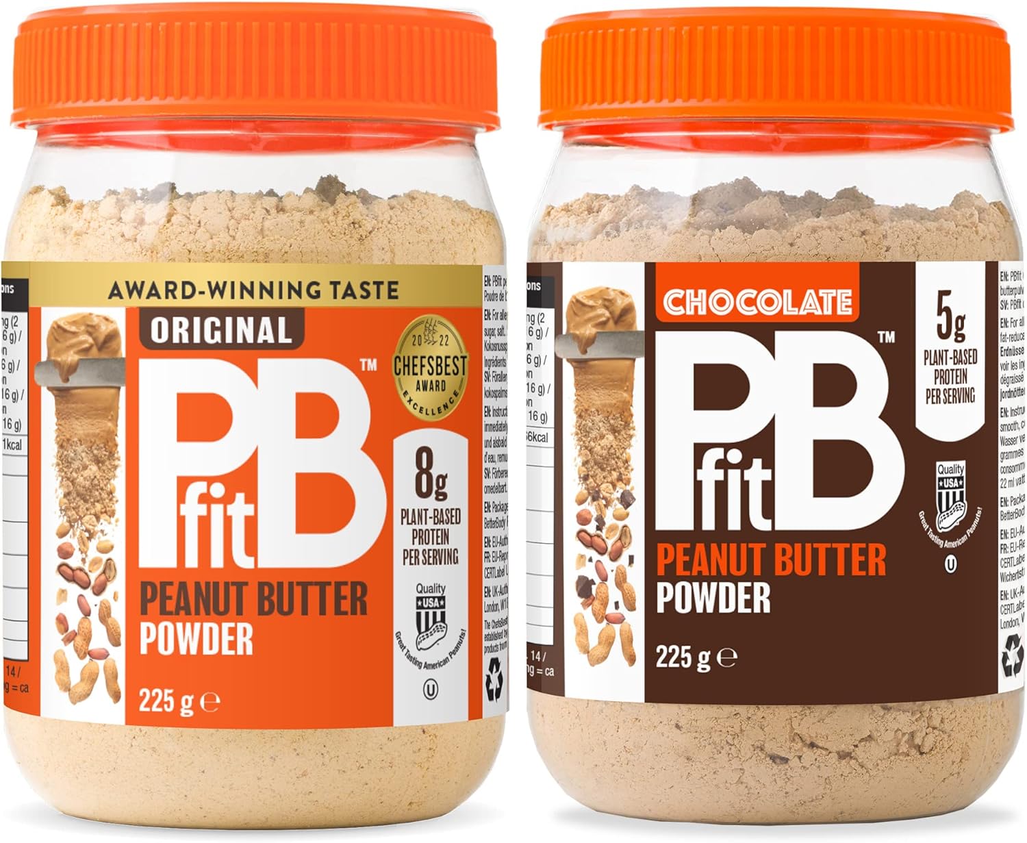 PBfit Peanut Butter Powder - Original & Chocolate - 87% Less Fat, Gluten Free All Natural Nut Butter Spread - Powdered Peanut Butter from Real Roasted Peanuts - 225g (Pack of 2)
