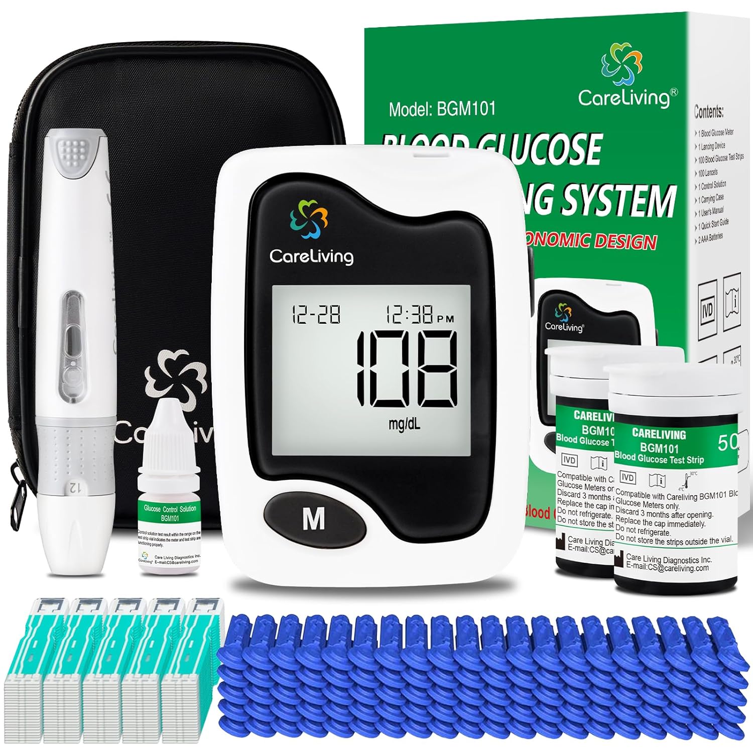 BGM101 Blood Glucose Monitor Kit, 100 Test Strips, 100 Lancets, 1 Blood Glucose Meter, 1 Lancing Device, Diabetes Testing Kit, Portable Blood Sugar Test Kit, Glucometer Kit for Home, black