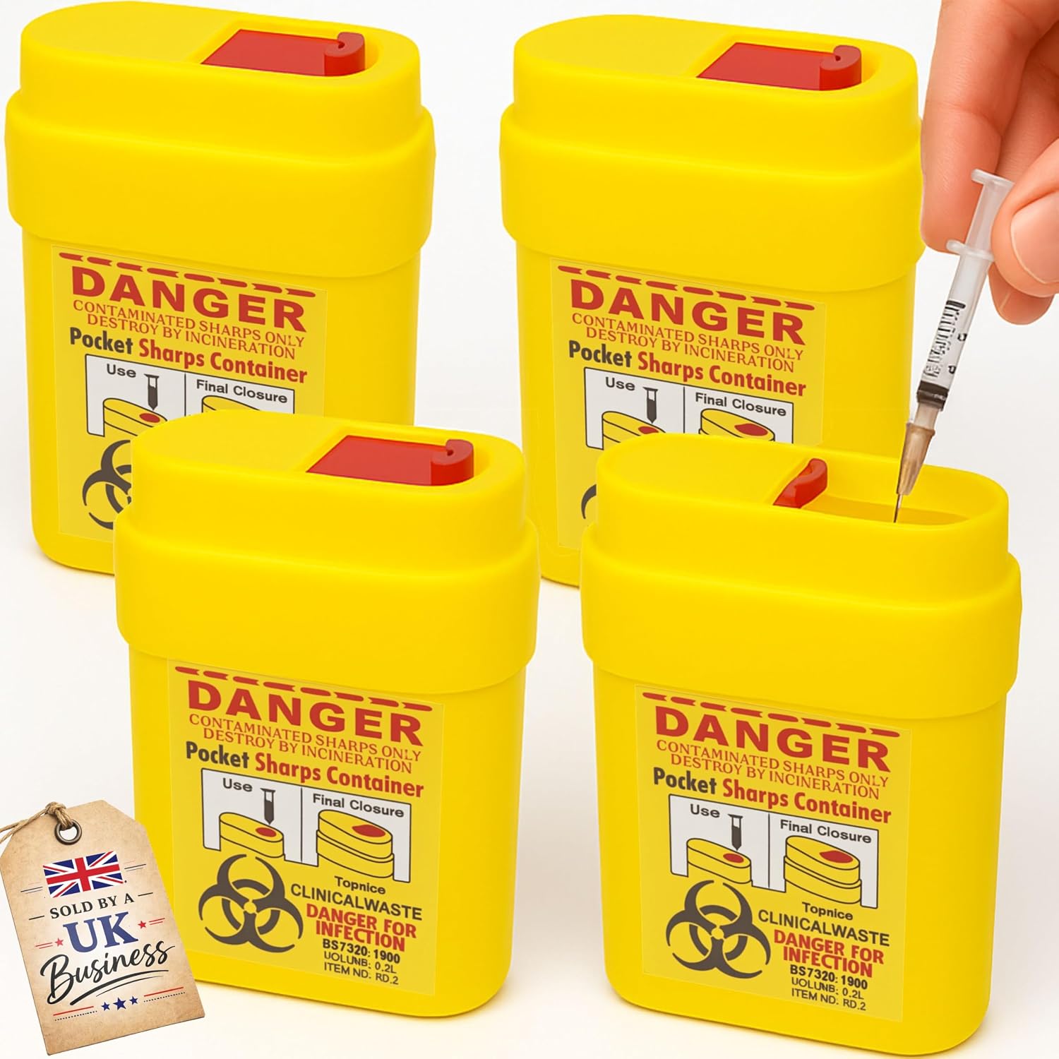 Travel Sharps Bin Mini 4 Container Pack - Small Sharps Box for Needles, Lancets, Razor Blades - Portable Clinical Waste Bin Ideal For Travel, Work, Home - 4 Yellow Needle Disposal Box Size 0.2L Each