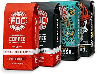 Fire Department Coffee - Gives Back to Firefighters - Rescue Variety Pack - Whole Bean Coffee - Medium, Dark, Shellback Espresso, & Skull Crushing Espresso Beans - Veteran Owned (12oz, Pack of 4)