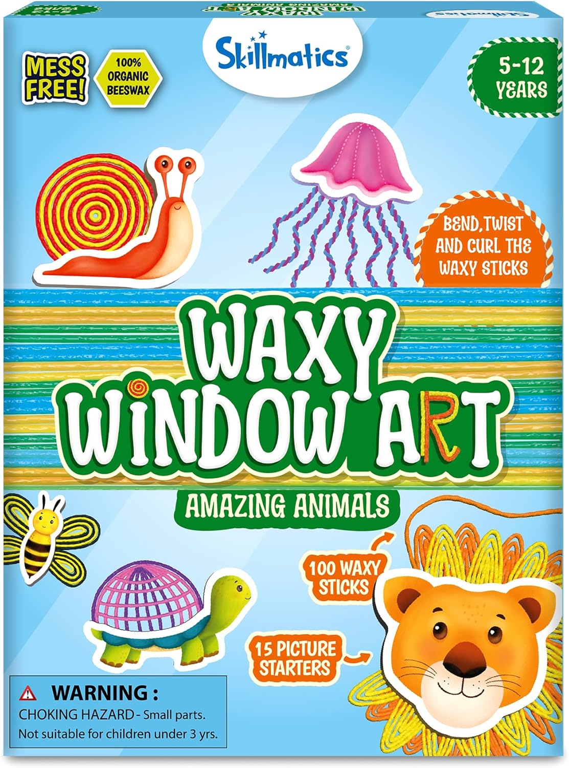 Skillmatics Waxy Window Art - 100 Bendable Waxy Sticks for Mess-Free DIY Fun, Reusable 100% Organic Beeswax Craft Kit, Travel Friendly, Creative Gifts for Girls & Boys Ages 5, 6, 7, 8, 9, 10, 11, 12