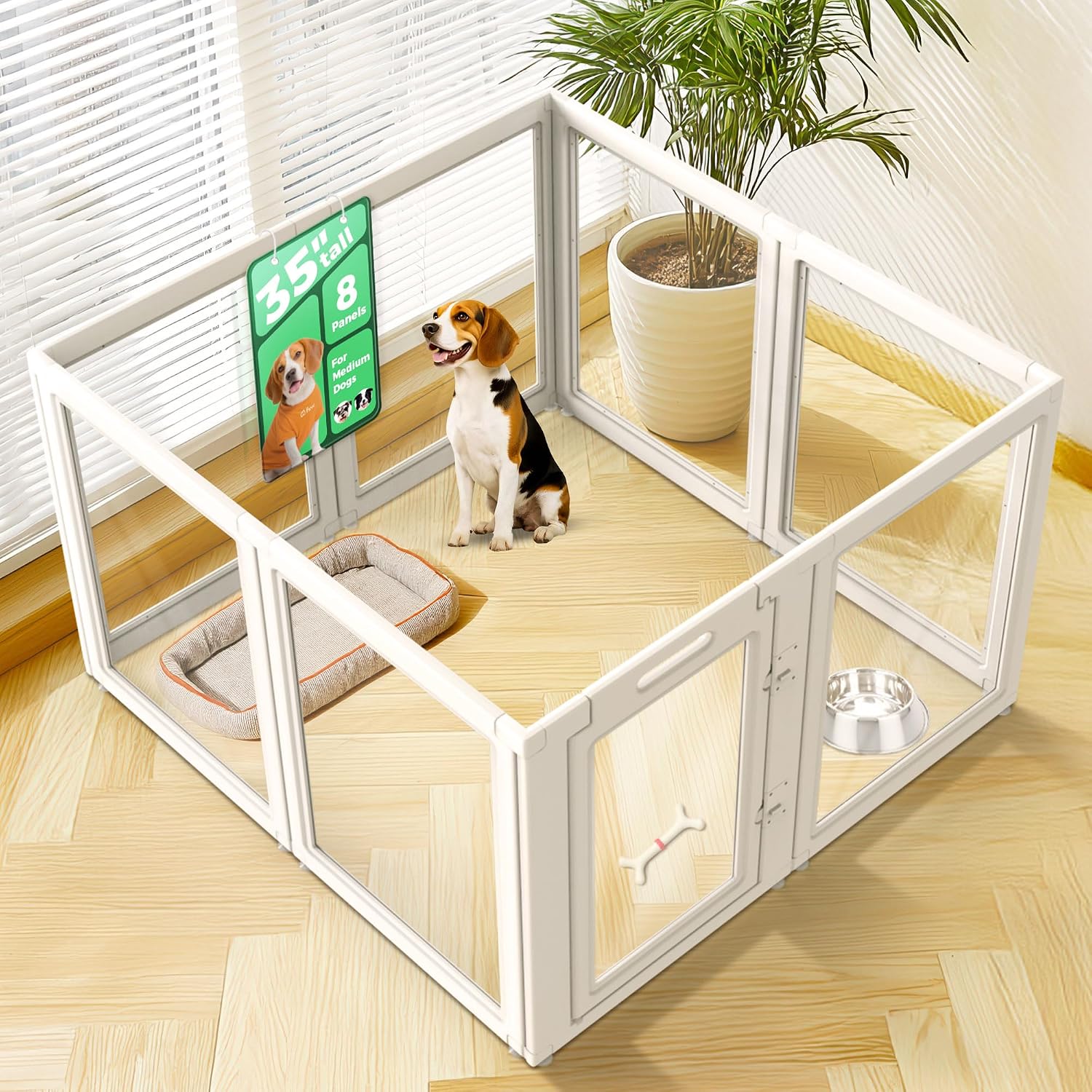 FXW AuraSpace Clear Acrylic Indoor Dog Playpen, 90cm(H), 8 Panels, White