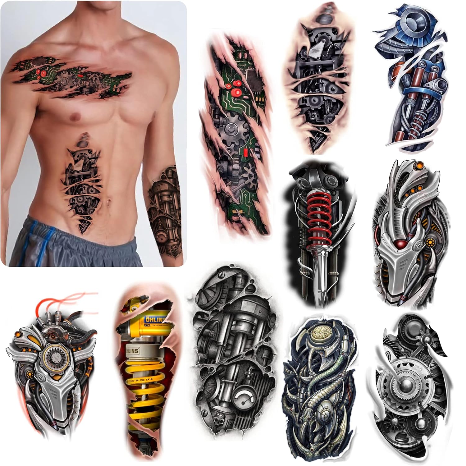ROARHOWL Very cool machine 3D realistic fake tattoos,wound robot makeup Temporary Tattoos for men women (Design 5)