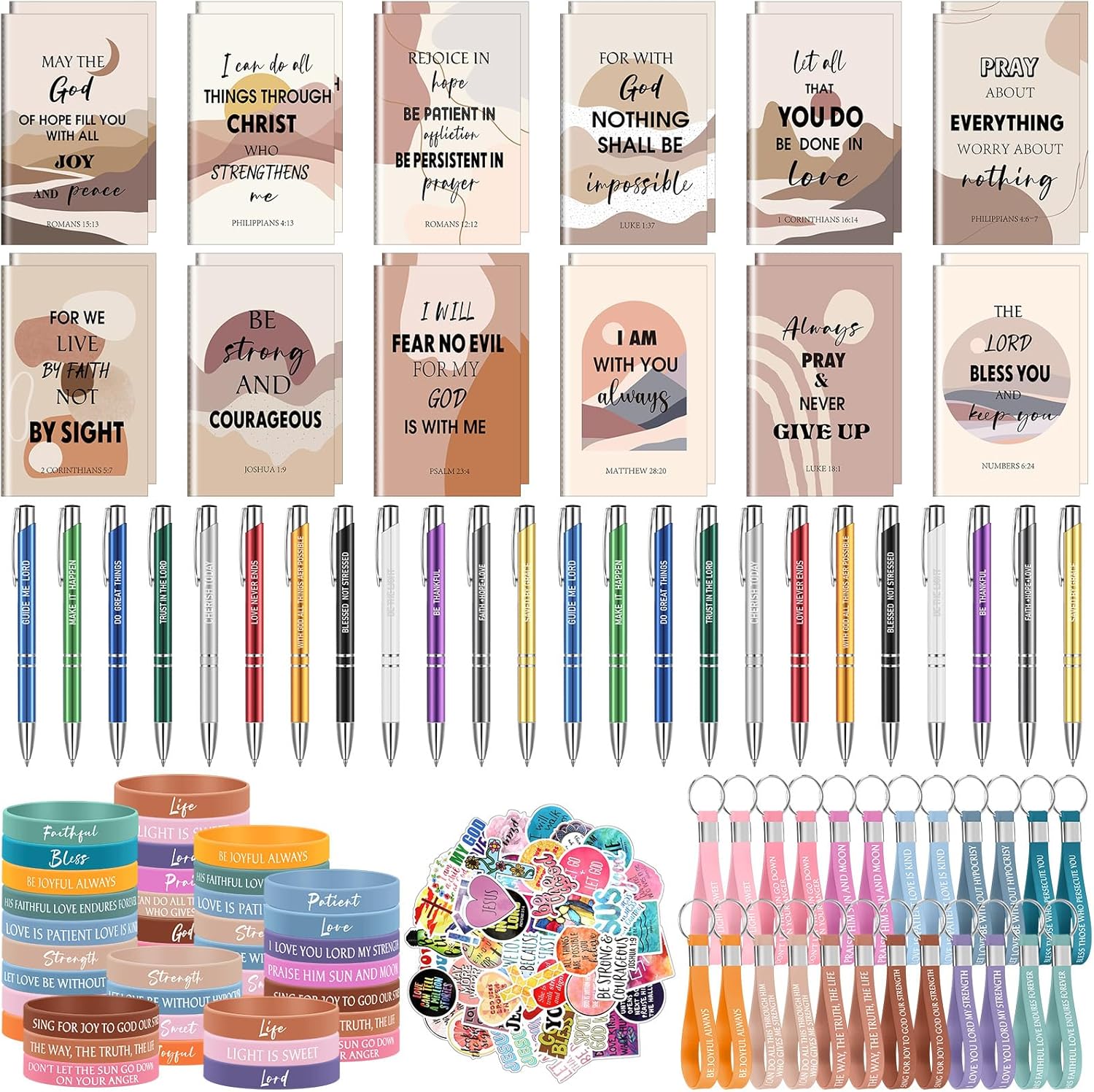 Yeaqee 146 Pcs Christian Gifts Set Bulk Include 24 Bible Verses Pens 24 Bible Notebooks 24 Scripture Quotes Bracelets 24 Inspirational Keychains 50 Jesus Christian Stickers(Boho)