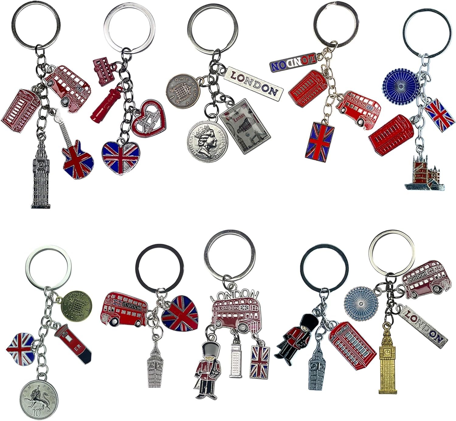 LILAJ Set of 8 London Souvenir Chain Keychains, Cute Keyring Ornament, British Icons - Telephone Booth, Double-Decker Bus, Big Ben, 3D Replicas, Ideal for Keys & Bags, Home Decor Gift