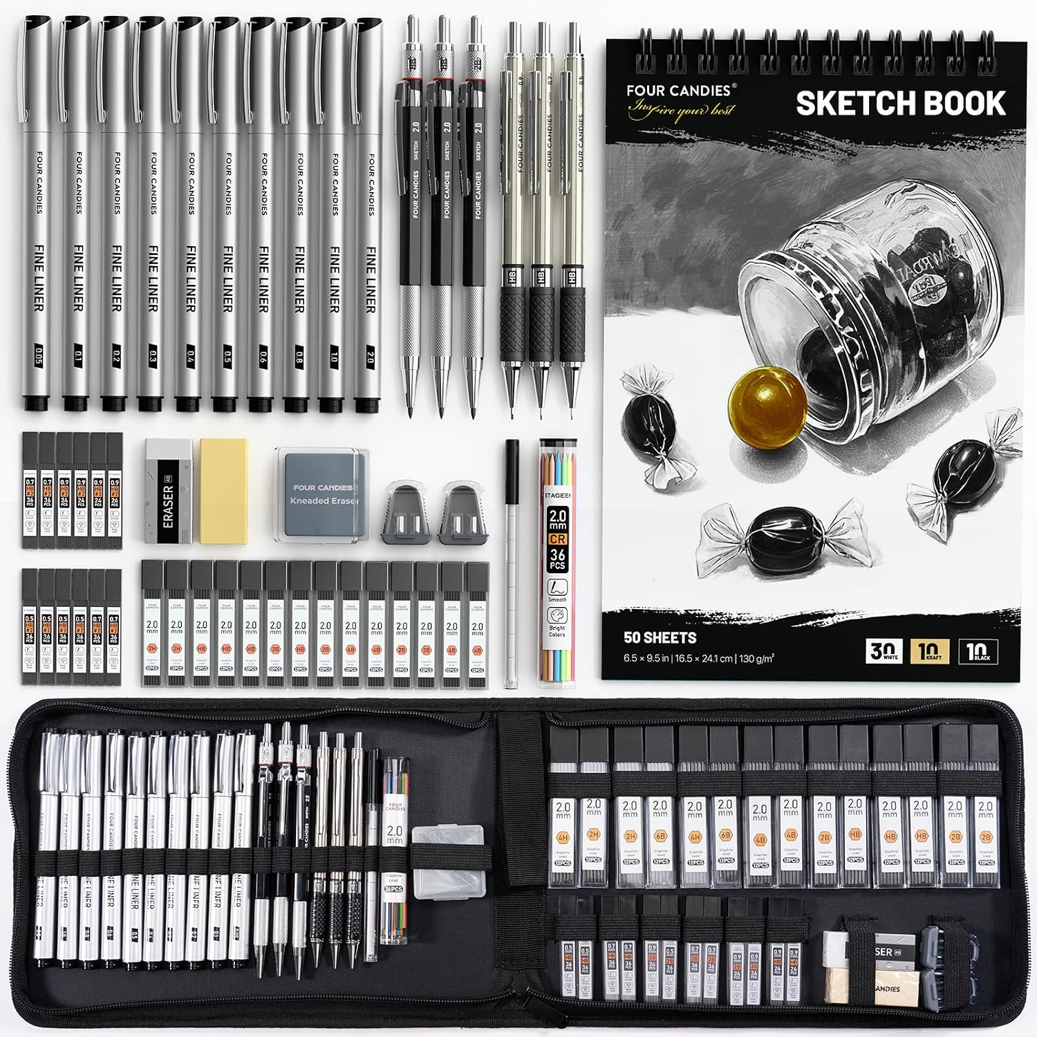 Four Candies 52pcs Art Supplies Sketching Drawing Kit for Beginners Teens