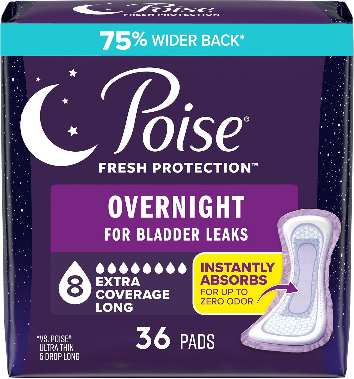 Poise Overnight Incontinence Pads for Women, 8 Drop, 36 ct