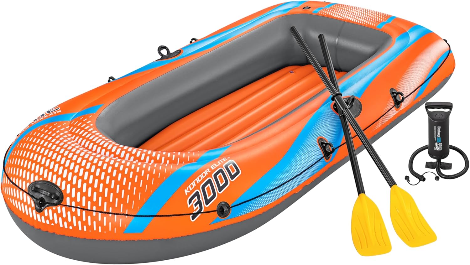 Bestway Inflatable Boat, Kondor 3000, 3 Persons, Raft Set with Oar and Hand/Foot Pump, Heavy Duty Handles and Interlocking Valves, 8.1” x 48”, 2.46m x 1.22m