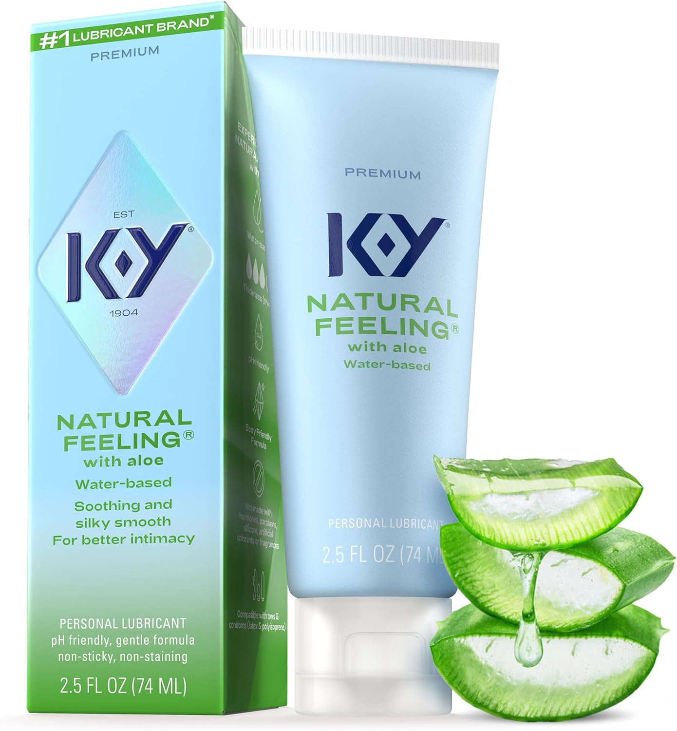 K-Y Natural Feeling with Aloe, Water Based Lube for Sex, Sex Toy & Anal Lube, Non-Sticky Personal Lubricant, Condom-Friendly, pH-Friendly, Travel Size Lubricant, 2.5 Fl Oz