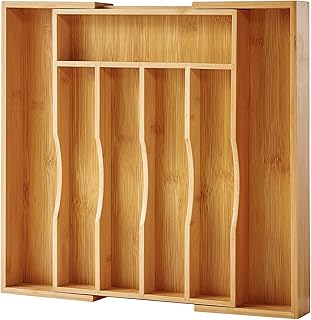 Expandable Bamboo Kitchen Drawer Organizer for Cutlery and Utensils, Adjustable Bamboo Wood Cutlery Tray in Drawer for Flatware and Silverware in Kitchen, (Natural)