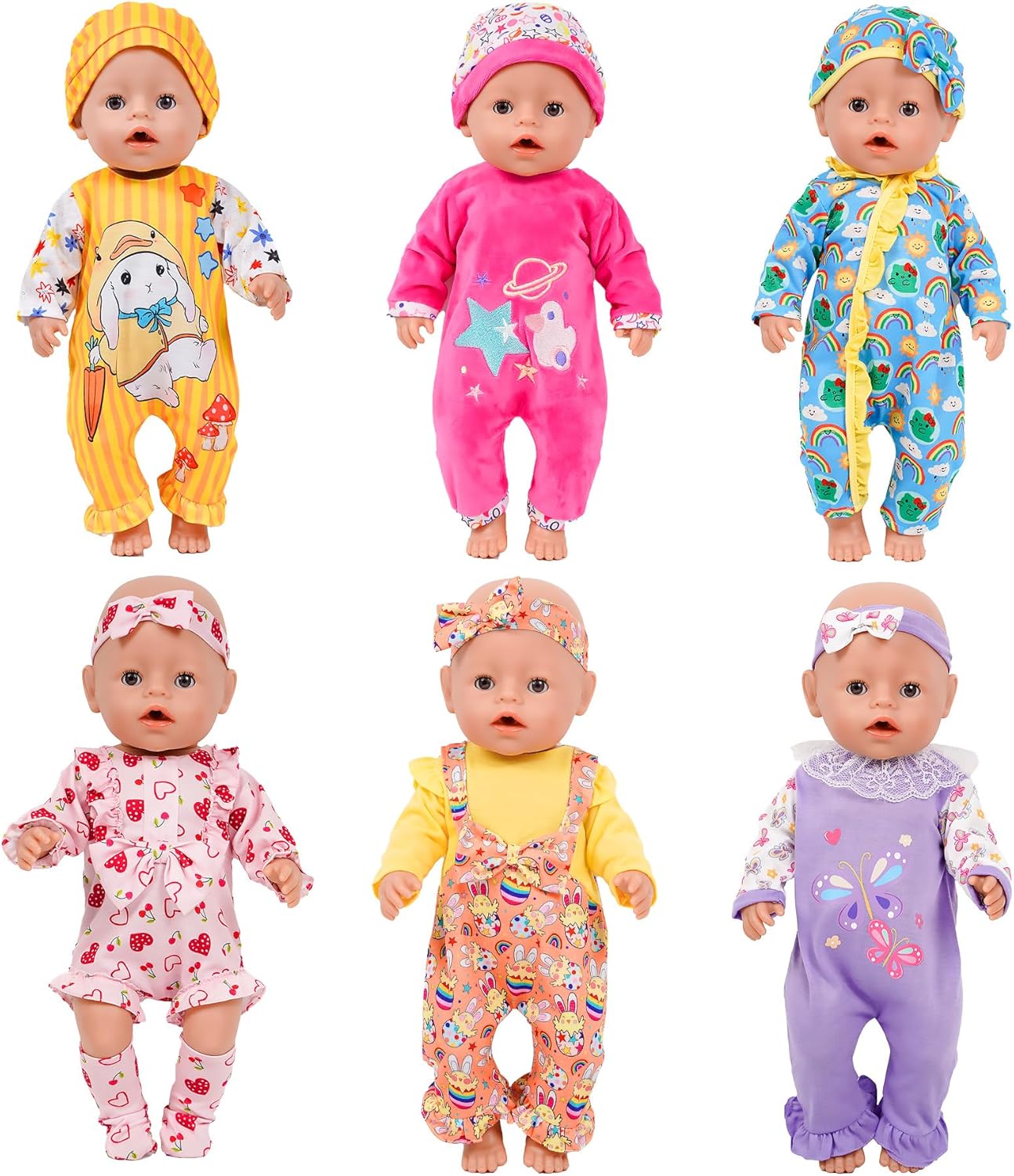 6 Sets 14-16 Inch Baby Doll Clothes, New Born Doll Outfits with Rompers & Accessories for 16-inch Soft Body Dolls (43cm, No Doll)