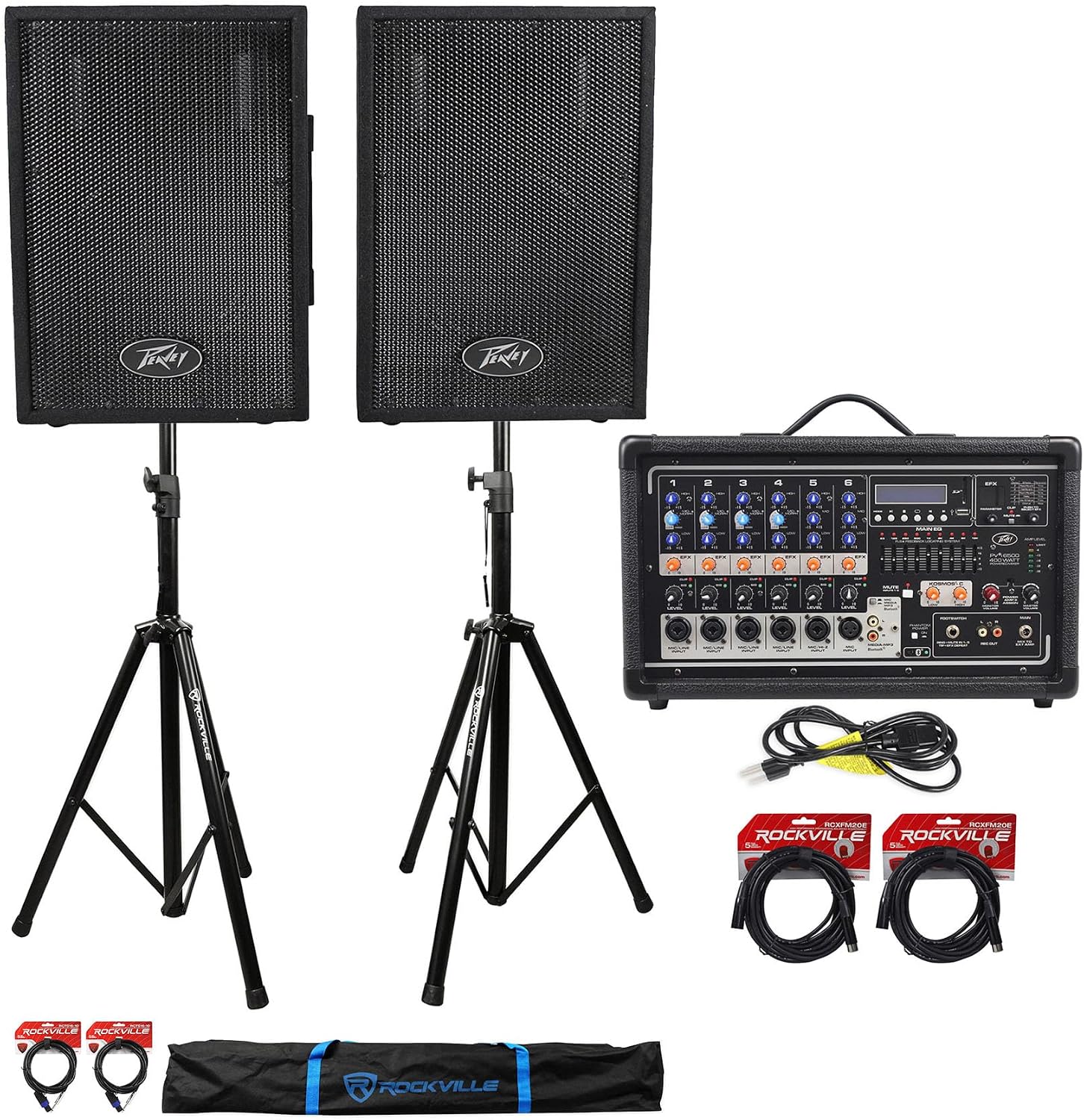 Peavey Pvi6500 400 Watt 6-Channel Powered Live Sound Mixer+PVi10's+Stands+Cables