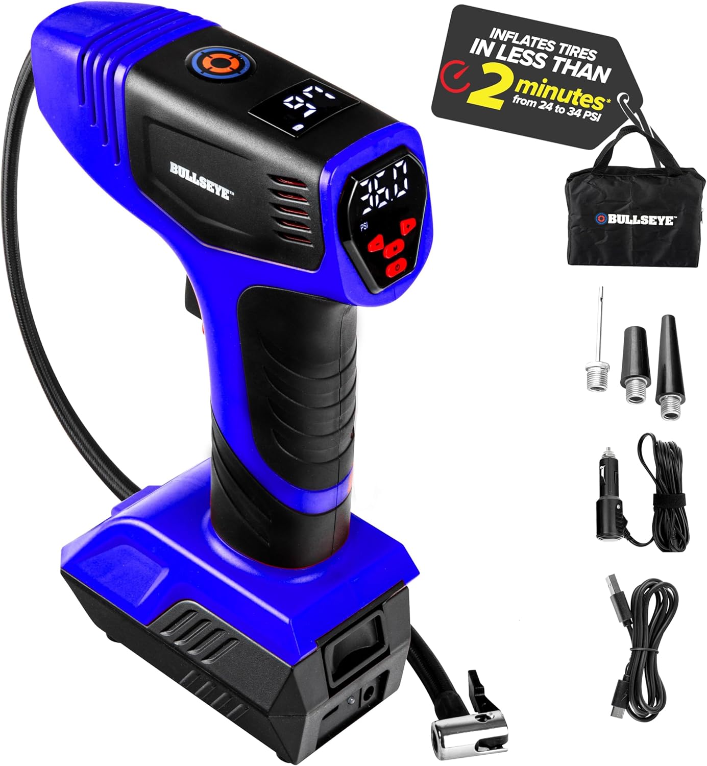 Bullseye Pro Tire Inflator Portable Air Compressor, Car Tire Inflator Portable, Portable Air Pump for Car Tires - 150PSI, 12V DC 1500 mAhs with Tire Pressure Gauge, Rechargeable As Seen On TV(Blue)