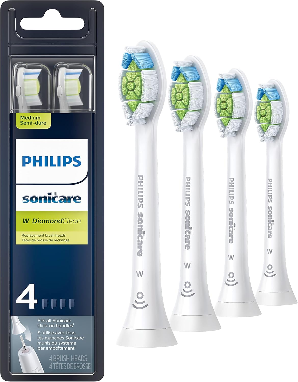 Philips Sonicare Genuine W DiamondClean Replacement Toothbrush Heads, 4 Brush Heads, White, HX6064/65