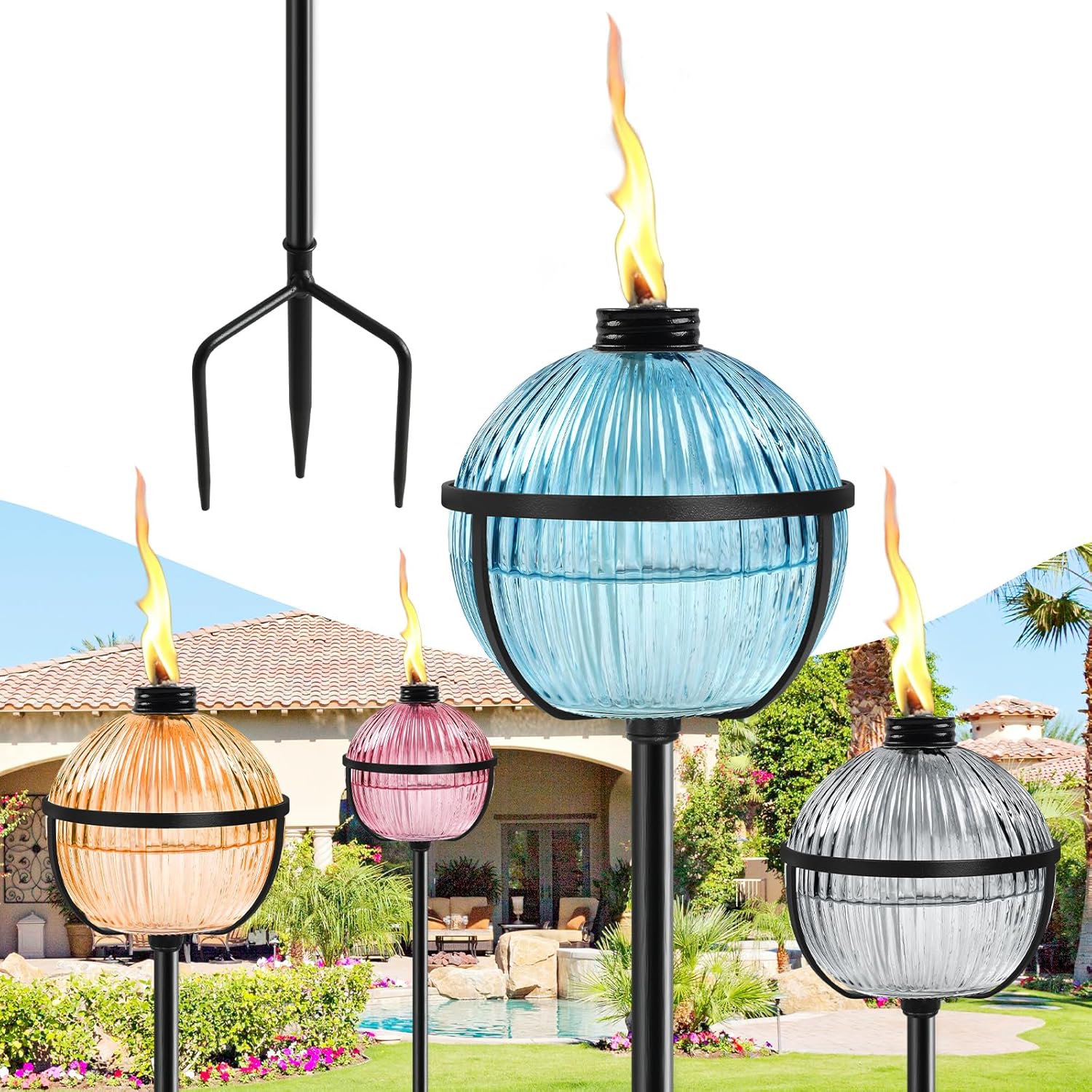 Citronella Torches Set of 4, 16 oz Glass Garden Torches for Outside, 3-Prong Grounded Stake Outdoor Torches, 58.6 inch Outdoor Torch for Yard, Patio, Deck, Party