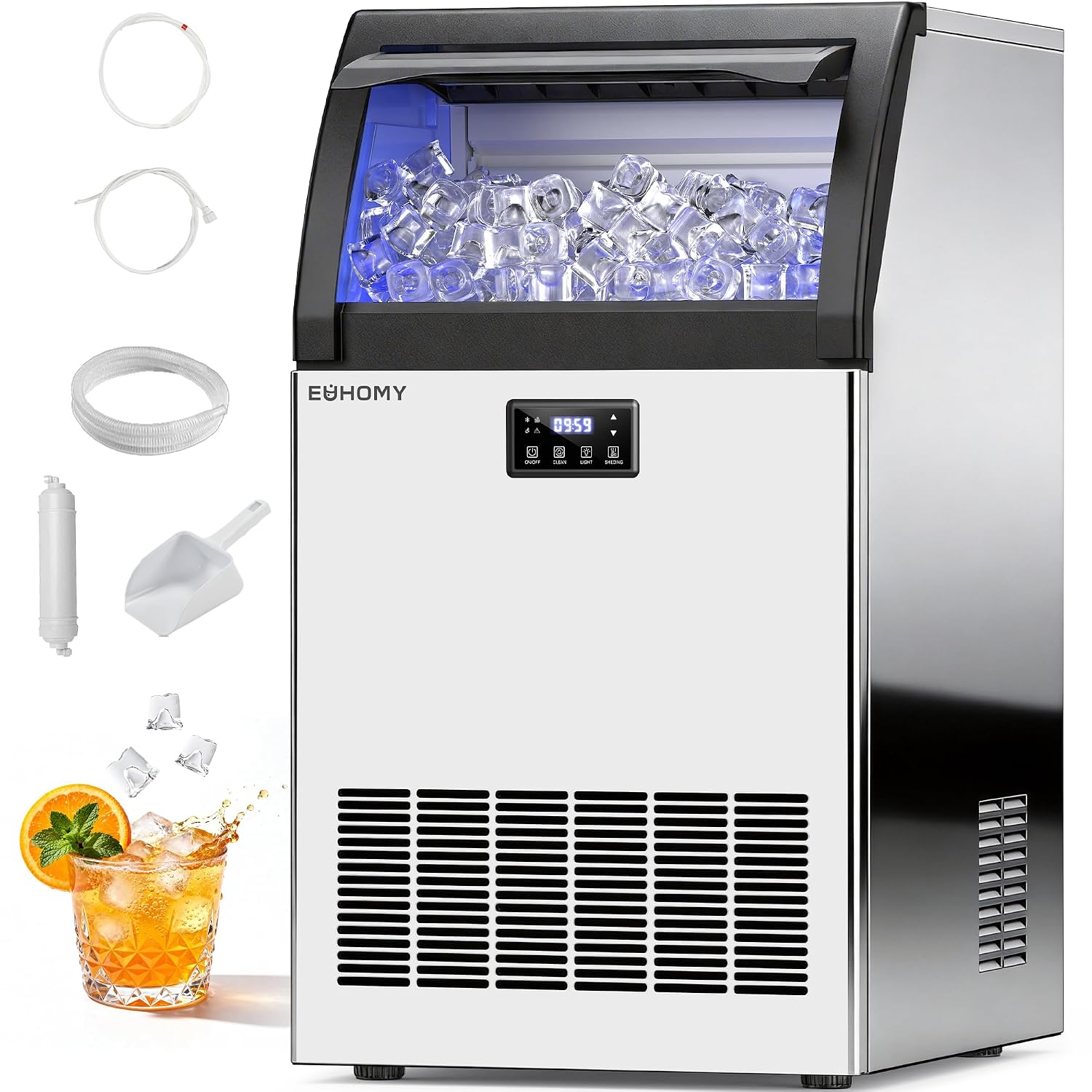 EUHOMY Commercial Gourmet Ice Maker Machine,100lbs/24H, Under Counter Ice Maker with 33lbs Storage, Non-Clumping Design,24pcs Hat Cubes Per Cycle, Freestanding Ice Maker for Home/Bar/Cafe/Restaurant