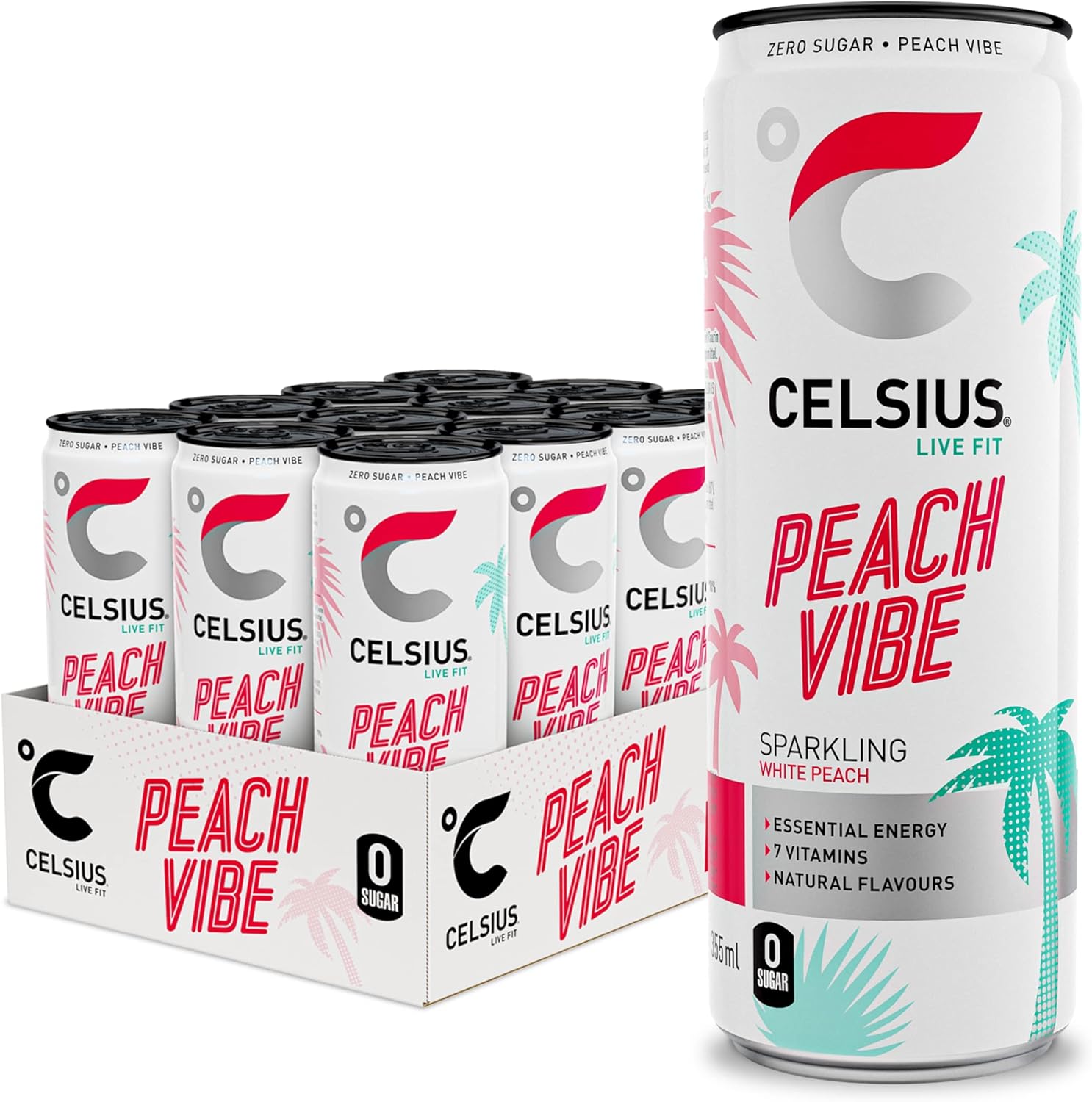 CELSIUS Peach Vibe Sugar Free Energy Drink - Energy Drink with 7 Vitamins & 1 Mineral and No Artificial Flavours or Colours (Pack of 12 x 355ml - 114mg of Caffeine Per Can)