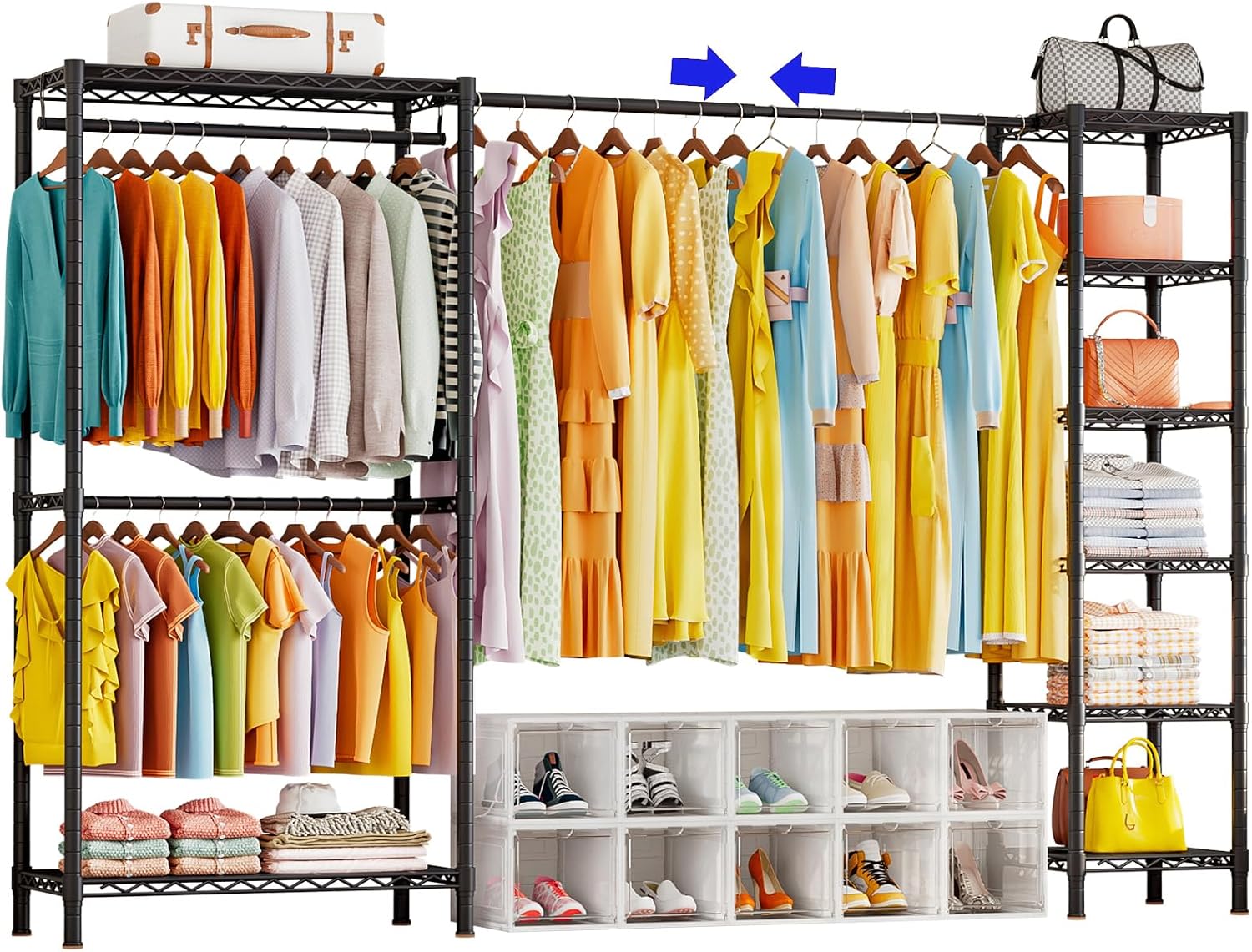 KZOBYD Extendable Clothes Rails, Coat Rails Coat Racks for Hanging Clothes | Length 72-96.6 inch, 8 Height Adjustable Shelves, Metal Heavy Duty Clothing Garment Rack, for Closet Wardrobe Bedroom