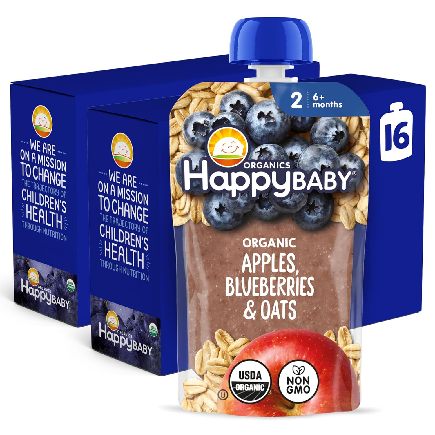 Happy Baby Organics Stage 2 Baby Food Pouches, Gluten Free, Vegan & Healthy Snack, Clearly Crafted Oat & Fruit Puree, Apples, Blueberries & Oats, 4 Ounces (Pack of 16)